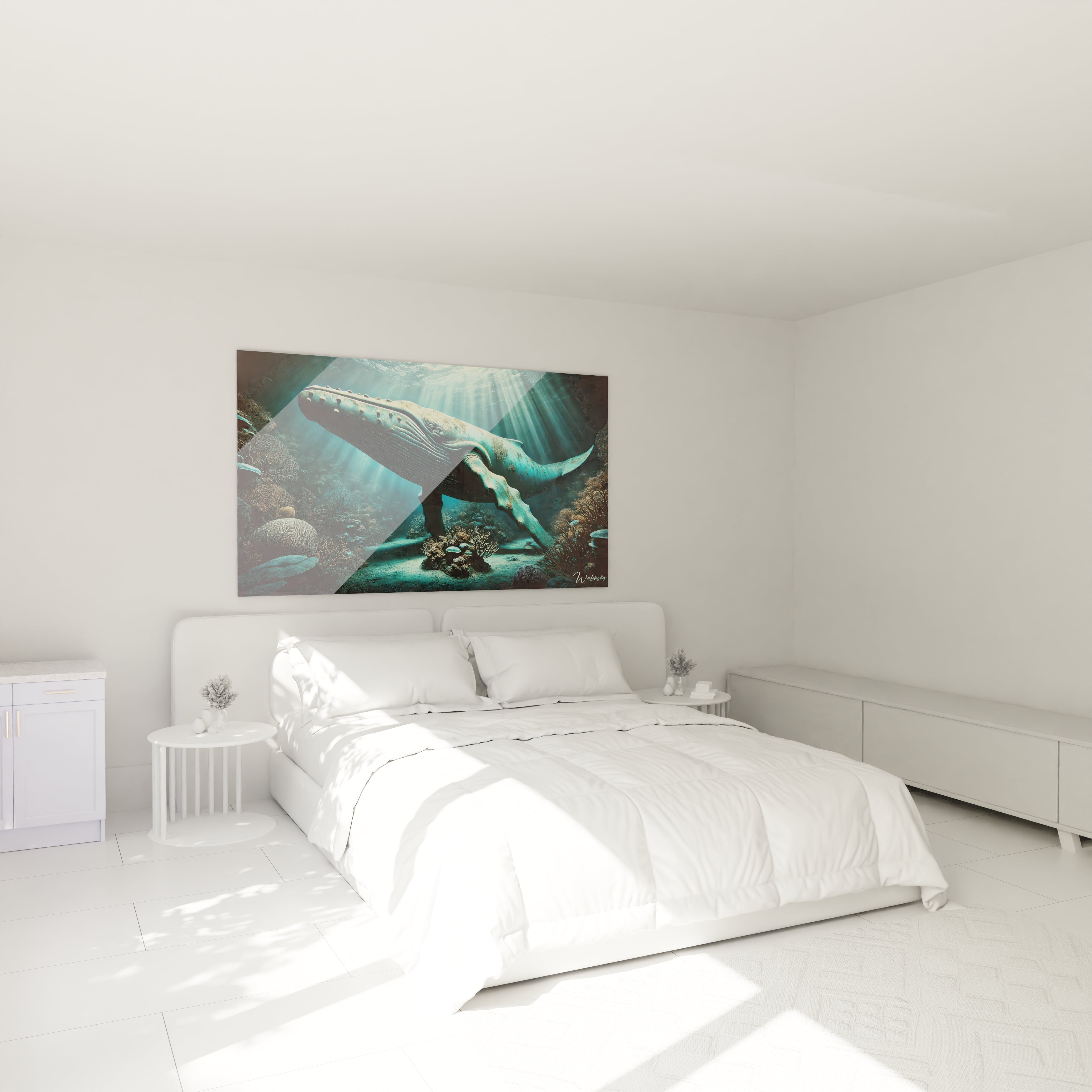 Dans une chambre, ce tableau baleine accroché au-dessus du lit ajoute une touche apaisante. La scène sous-marine et ses teintes bleues créent une atmosphère sereine, parfaite pour un espace de repos.

