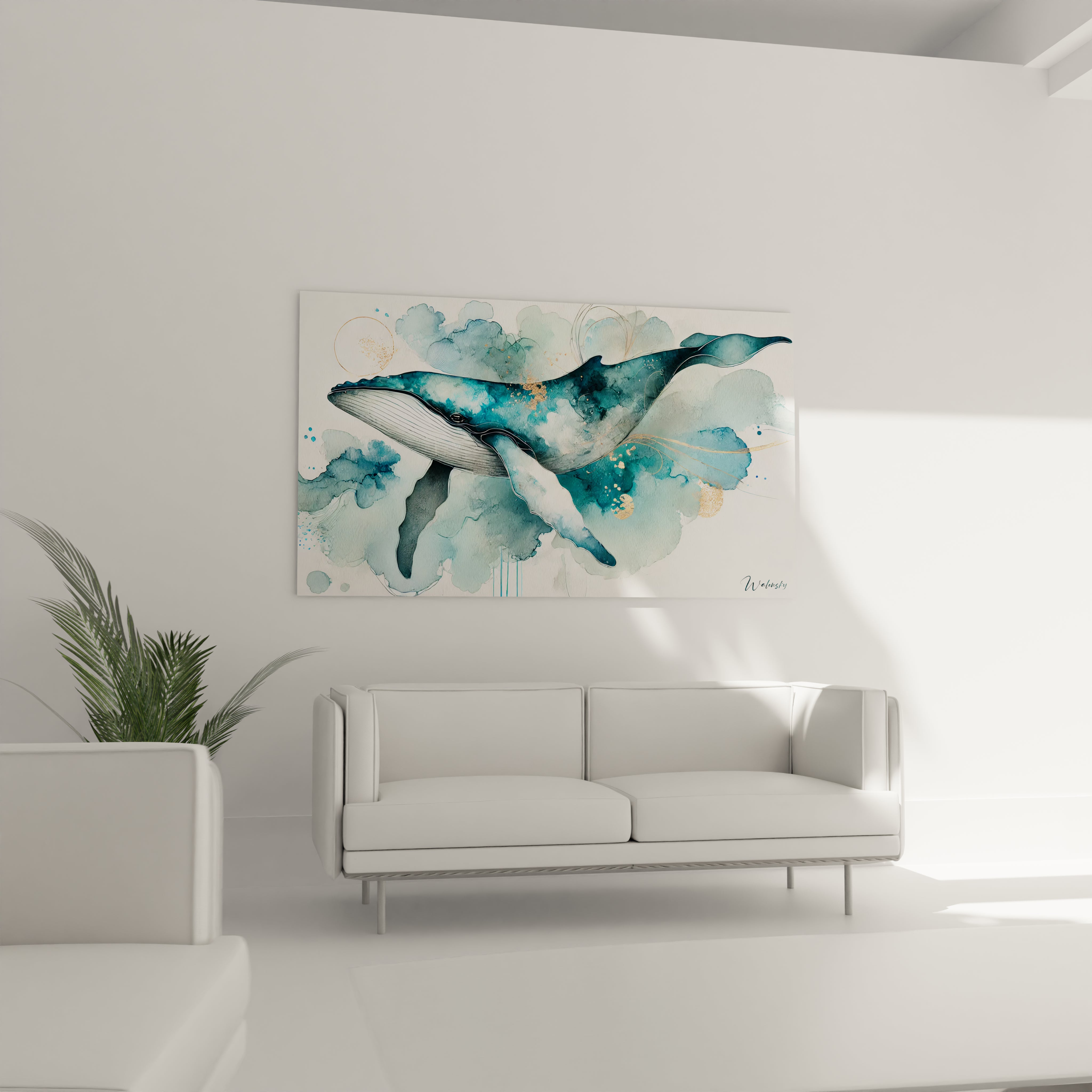 Accroché dans le salon au-dessus du canapé, ce tableau baleine moderne offre une sensation de liberté et de sérénité. Ses teintes bleues et dorées ajoutent une note apaisante au décor contemporain.

