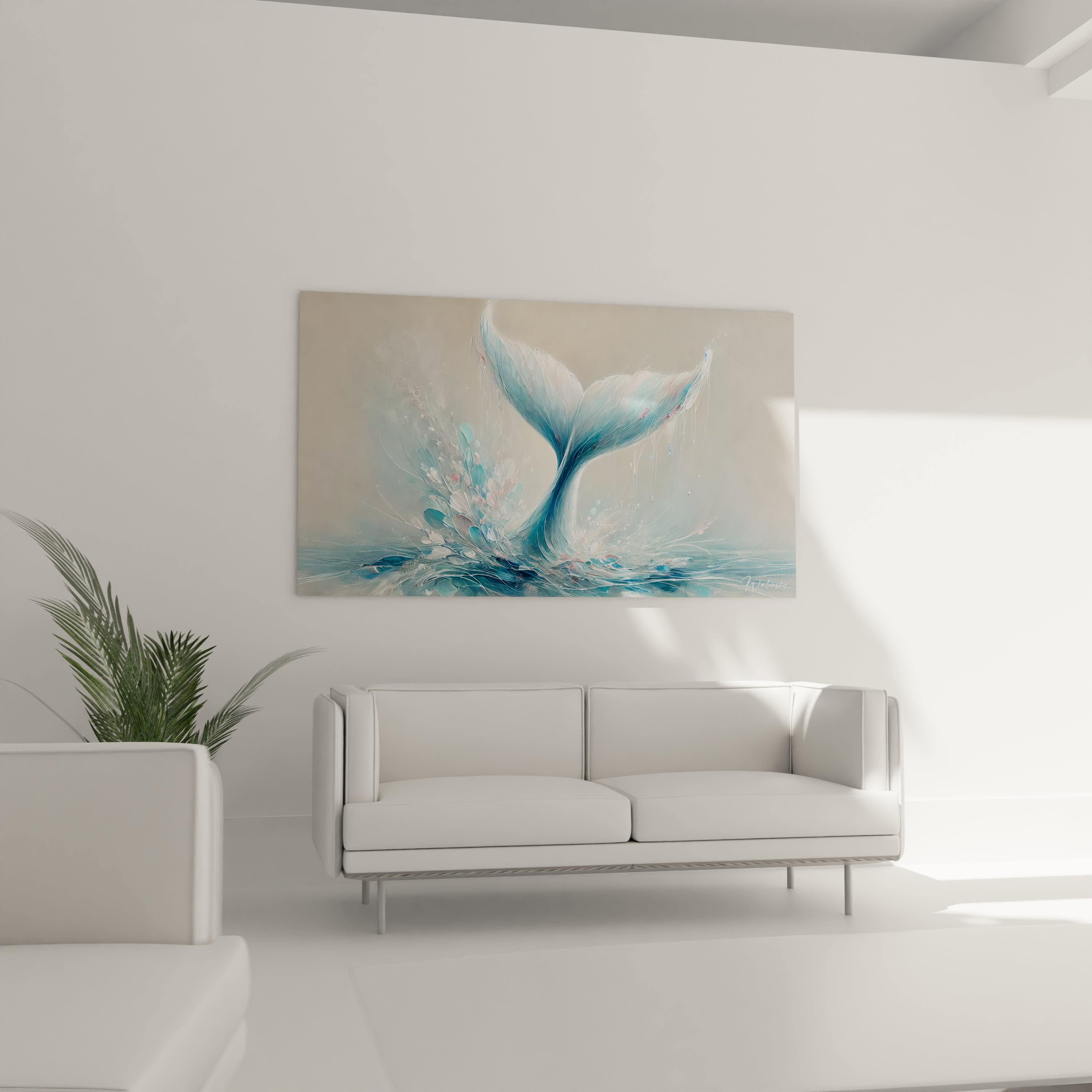 Le tableau baleine au-dessus du canapé apporte une touche marine et zen à votre salon. Ses nuances de bleu et de blanc s'intègrent parfaitement dans une déco contemporaine tout en évoquant la mer.

