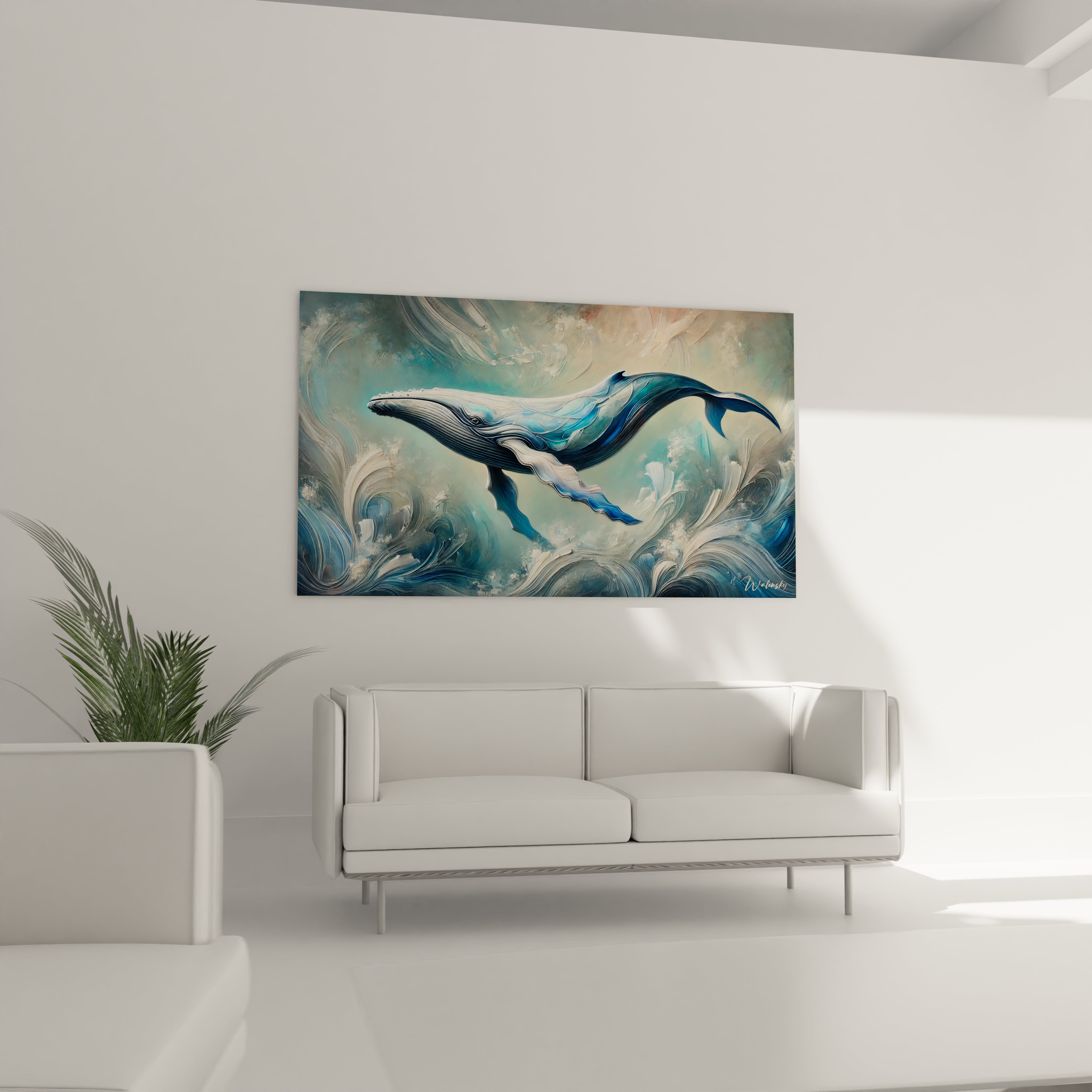 Ce tableau baleine suspendu au-dessus de votre canape dans le salon apporte une touche naturelle et mystique. Ses couleurs oceaniques et son mouvement fluide completeront harmonieusement votre espace de vie.

