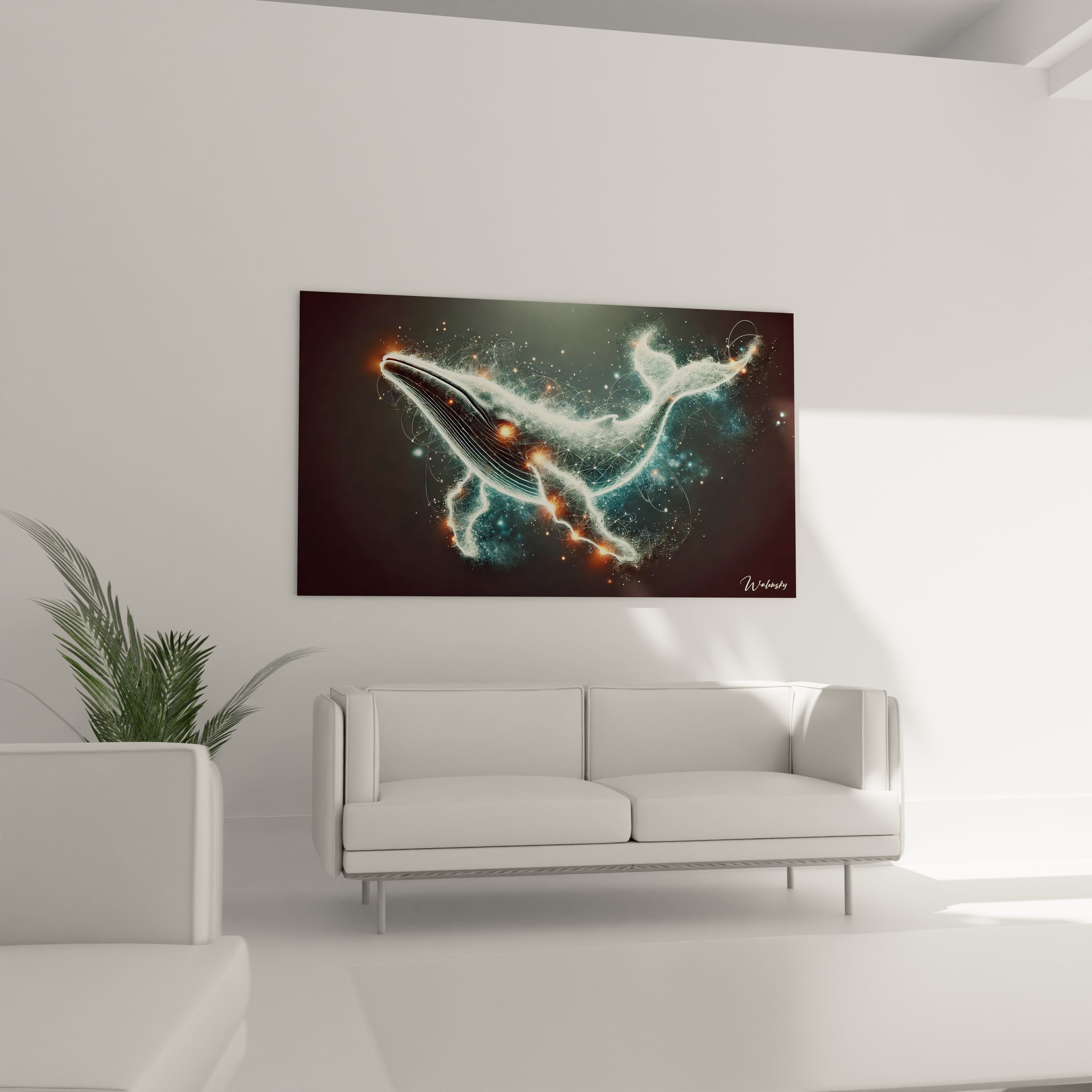 Accroché dans un salon, ce tableau baleine transforme votre espace avec sa composition moderne et ses éclats lumineux. L'équilibre entre océan et univers fantastique sublime tout type de décor.

