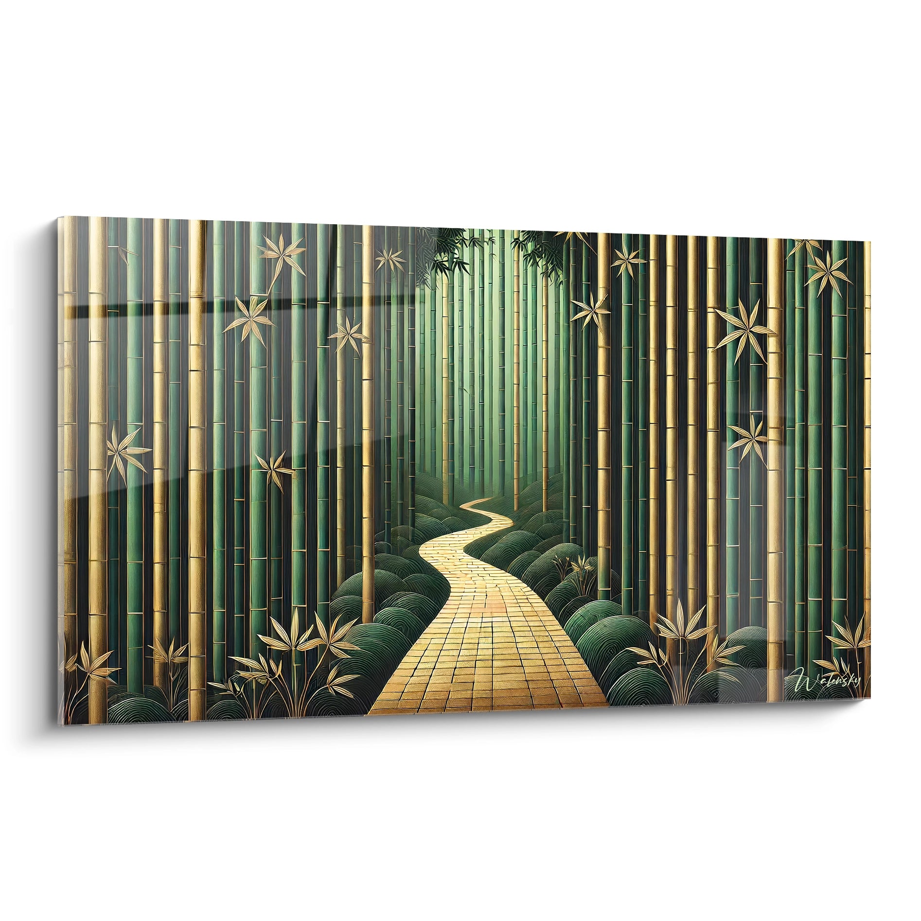 Admirez ce tableau bambou vu de biais, reflet parfait de serenite avec ses teintes vertes et dorees inspirees des forets zen. Une invitation a la meditation et a l equilibre.
