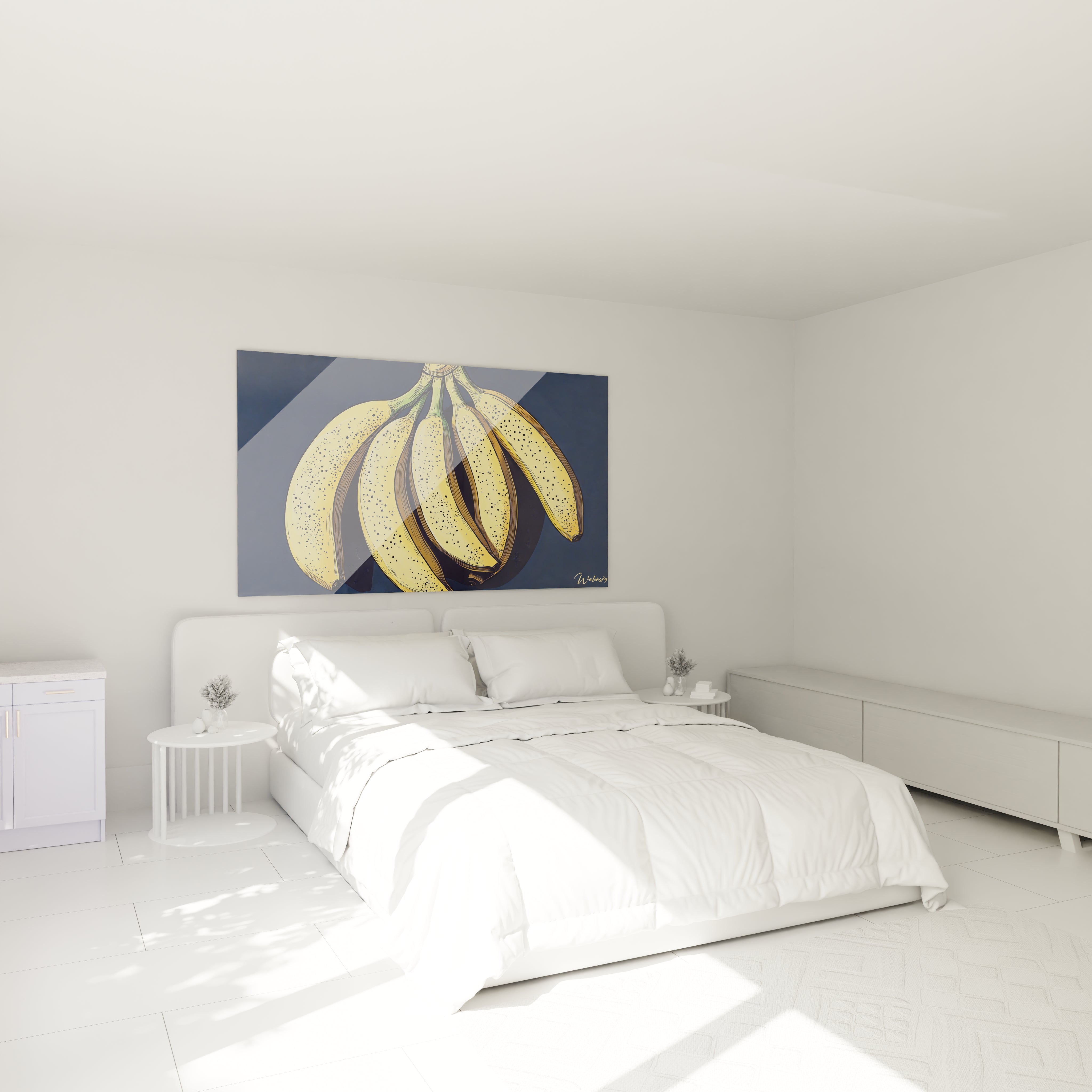 Un tableau banane illustrant plusieurs bananes courbées aux teintes jaunes et ombrées de noir, disposées sur un fond lisse bleu foncé. Des textures tachetées accentuent les détails du fruit.

