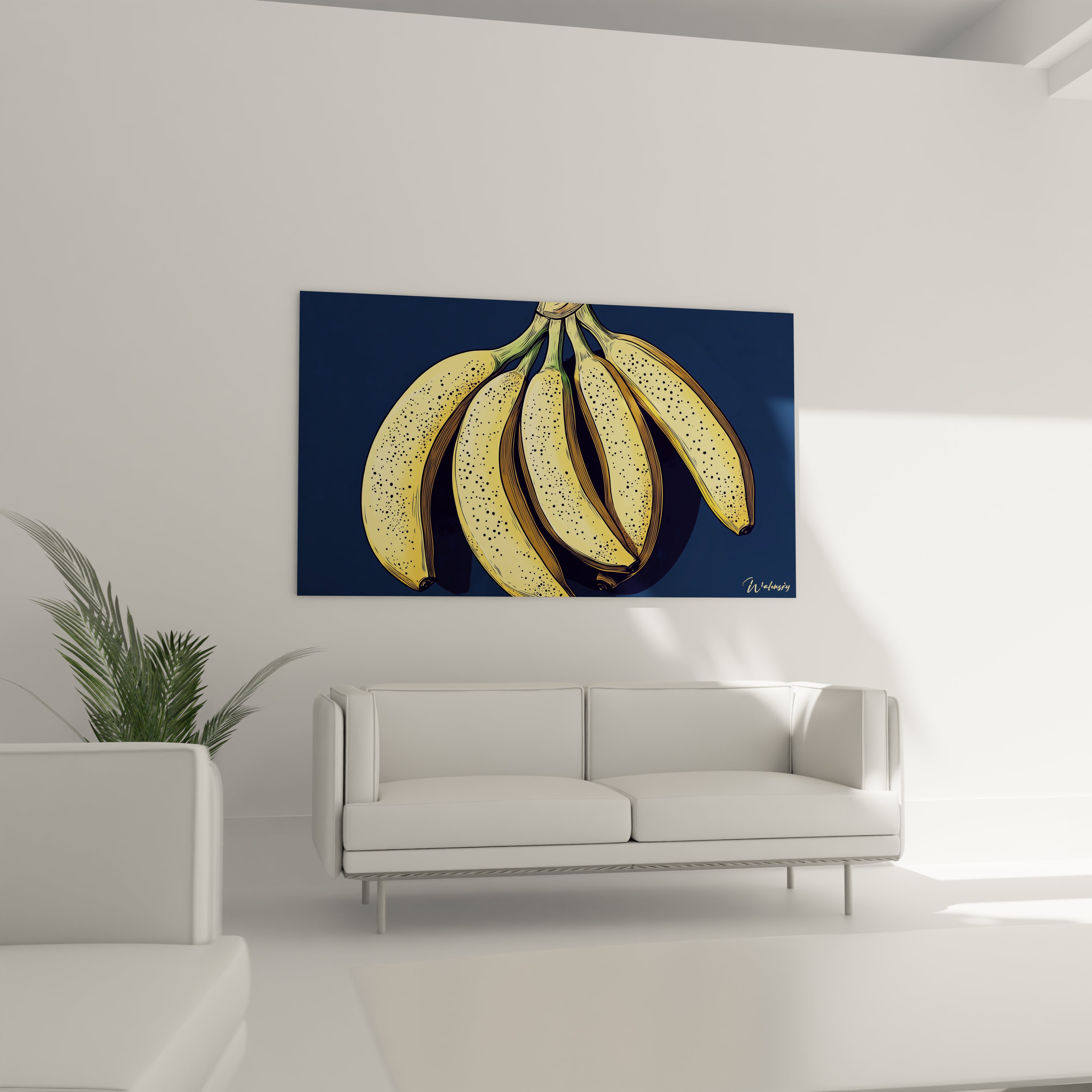 Un tableau banane montrant un groupe de bananes avec une peau jaune tachetée et des tiges vertes, contrastant avec un fond bleu uni. Les lignes épaisses et les ombres donnent une impression de volume.

