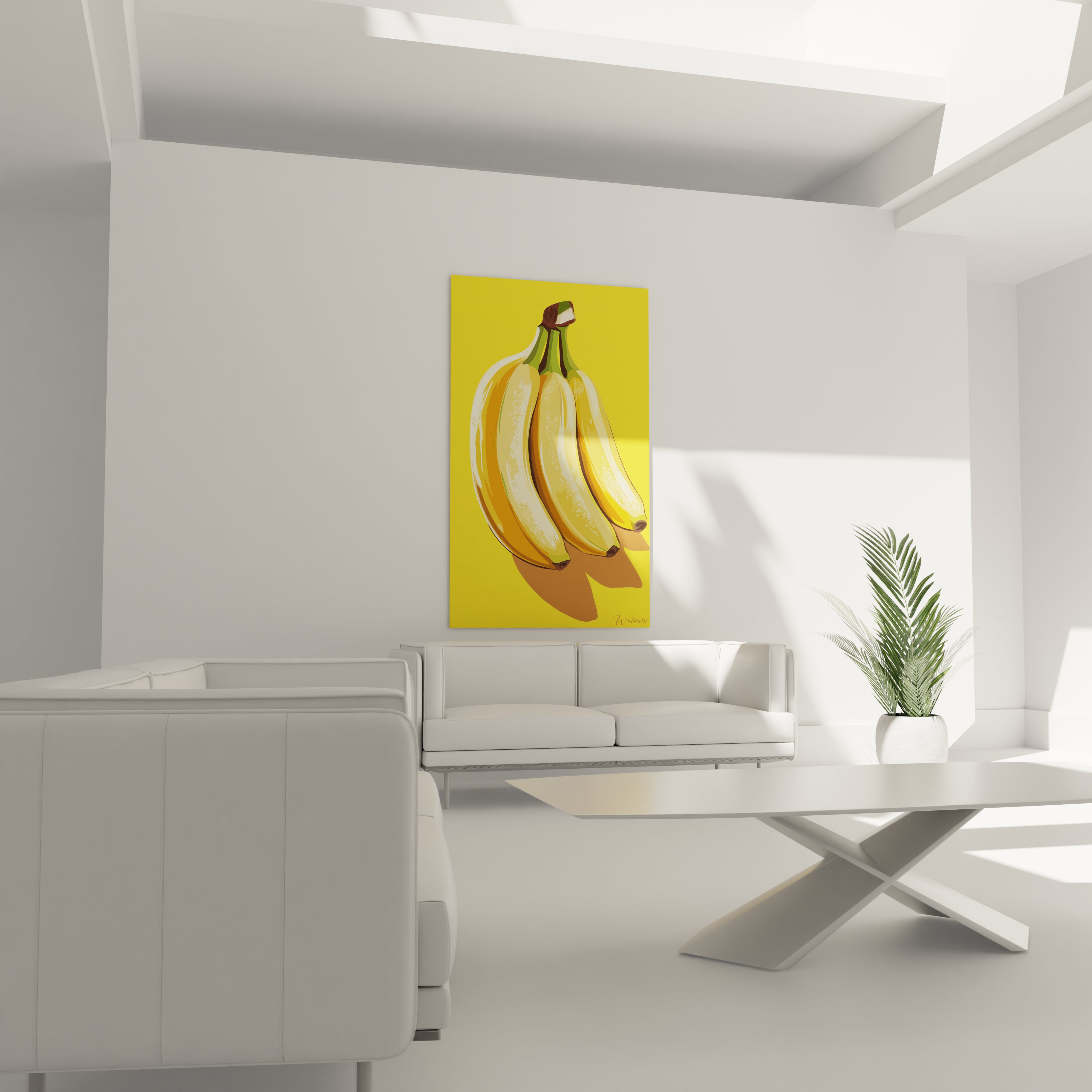 Un tableau banane illustrant un groupe de bananes aux couleurs jaune doré et marron, avec une texture lisse et des reflets lumineux. L’arrière-plan uni renforce le contraste des formes et des ombres.

