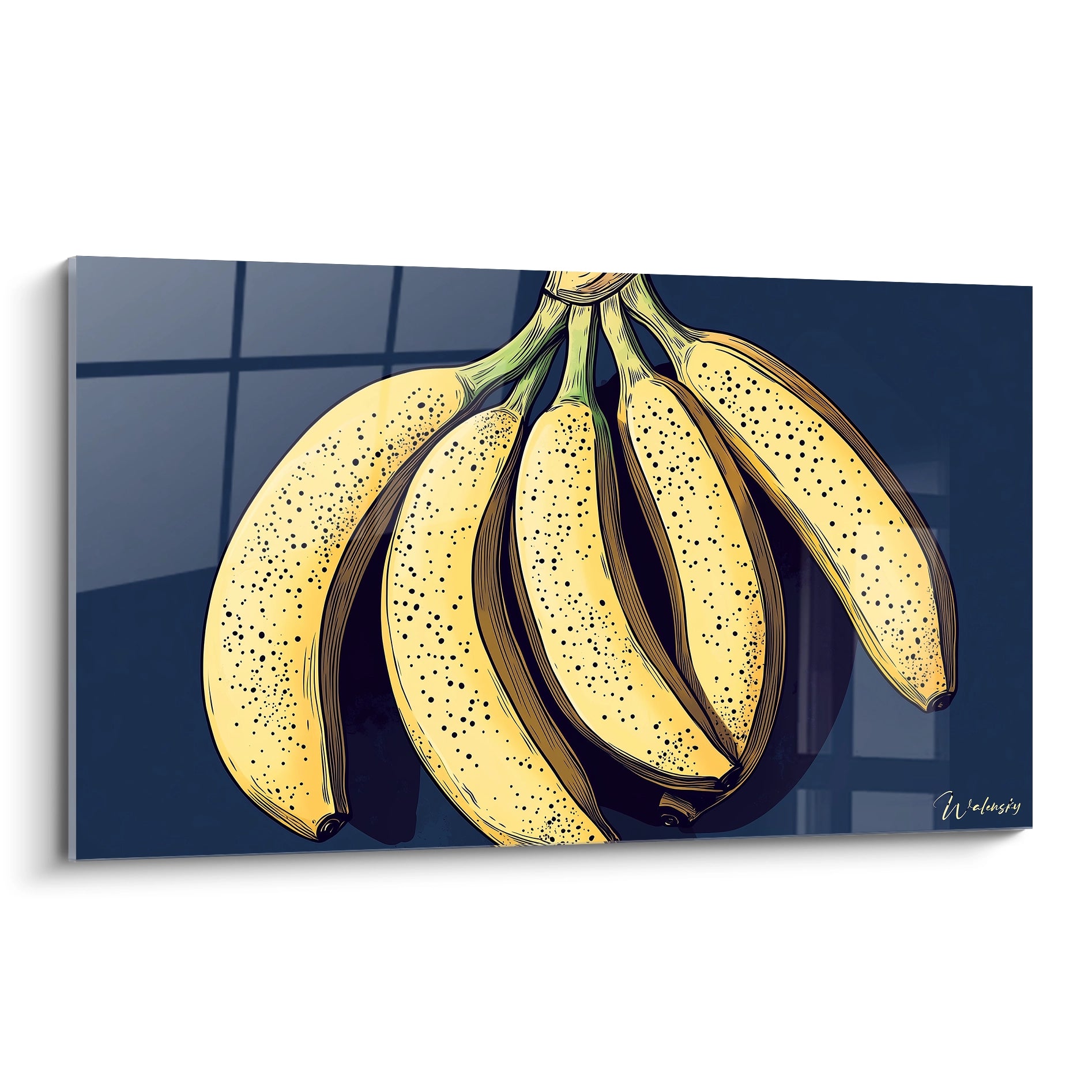 Un tableau banane représentant un régime de bananes jaunes avec des taches sombres, sur un fond bleu profond. Les contours noirs marqués et les ombres ajoutent du relief à la composition.

