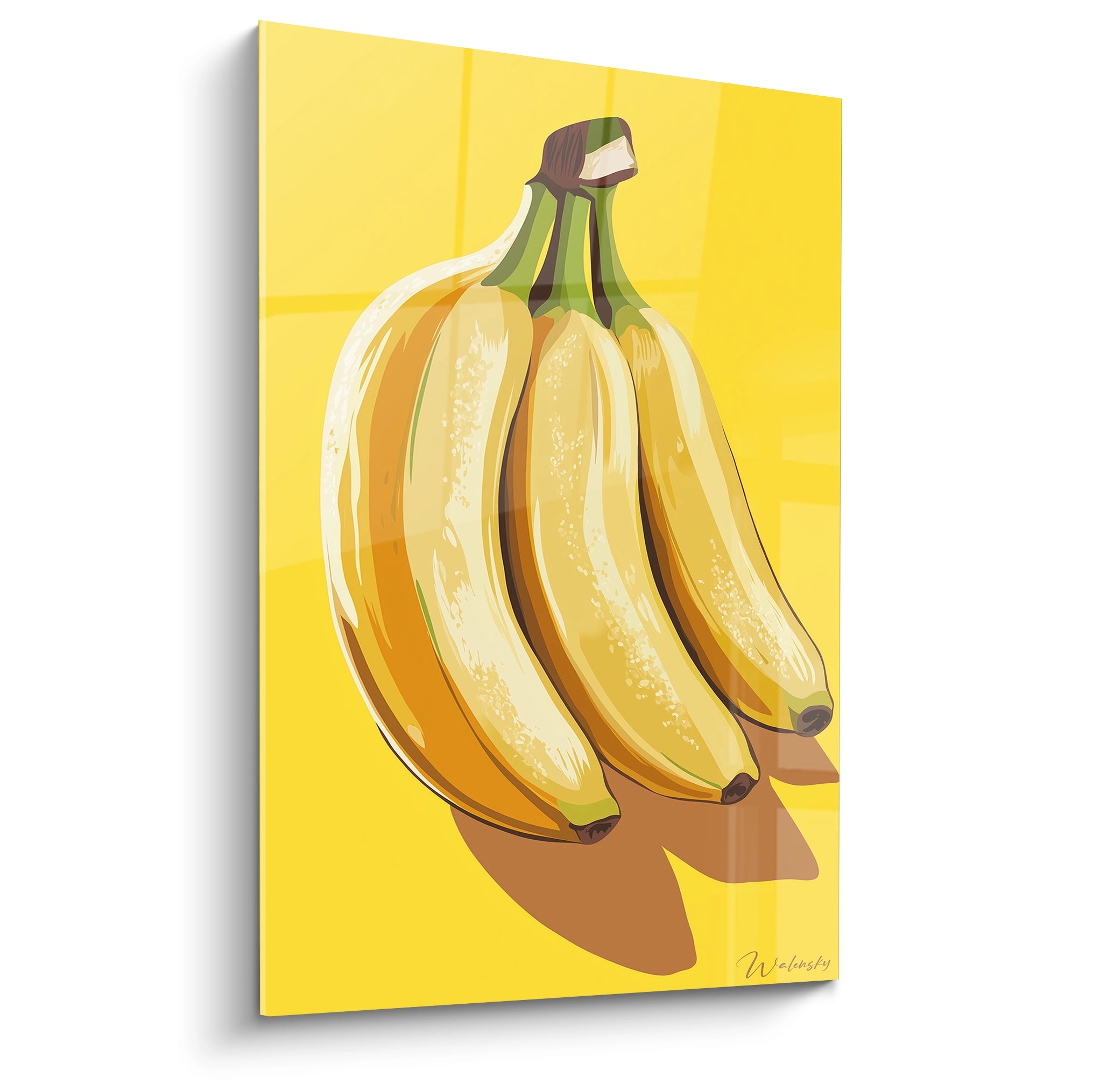 Un tableau banane représentant un régime de bananes en jaune vif, avec des nuances de marron et de vert, sur un fond uni. Les textures lisses contrastent avec des ombres nettes et un effet de lumière marqué.

