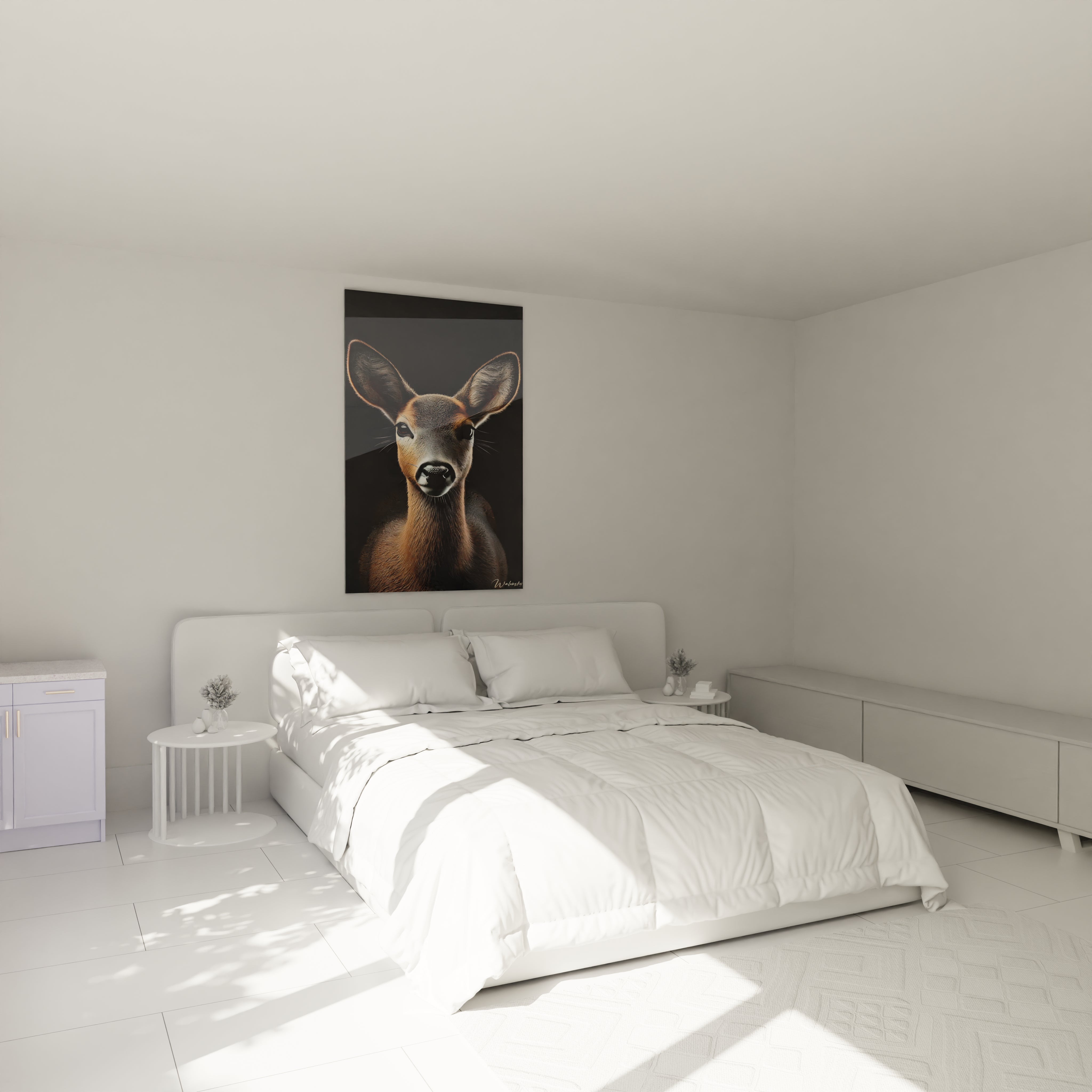 Accroché au-dessus du lit, ce tableau biche apporte une touche d'élégance et de sérénité. Son design minimaliste fait de cette œuvre un élément central de votre espace.

