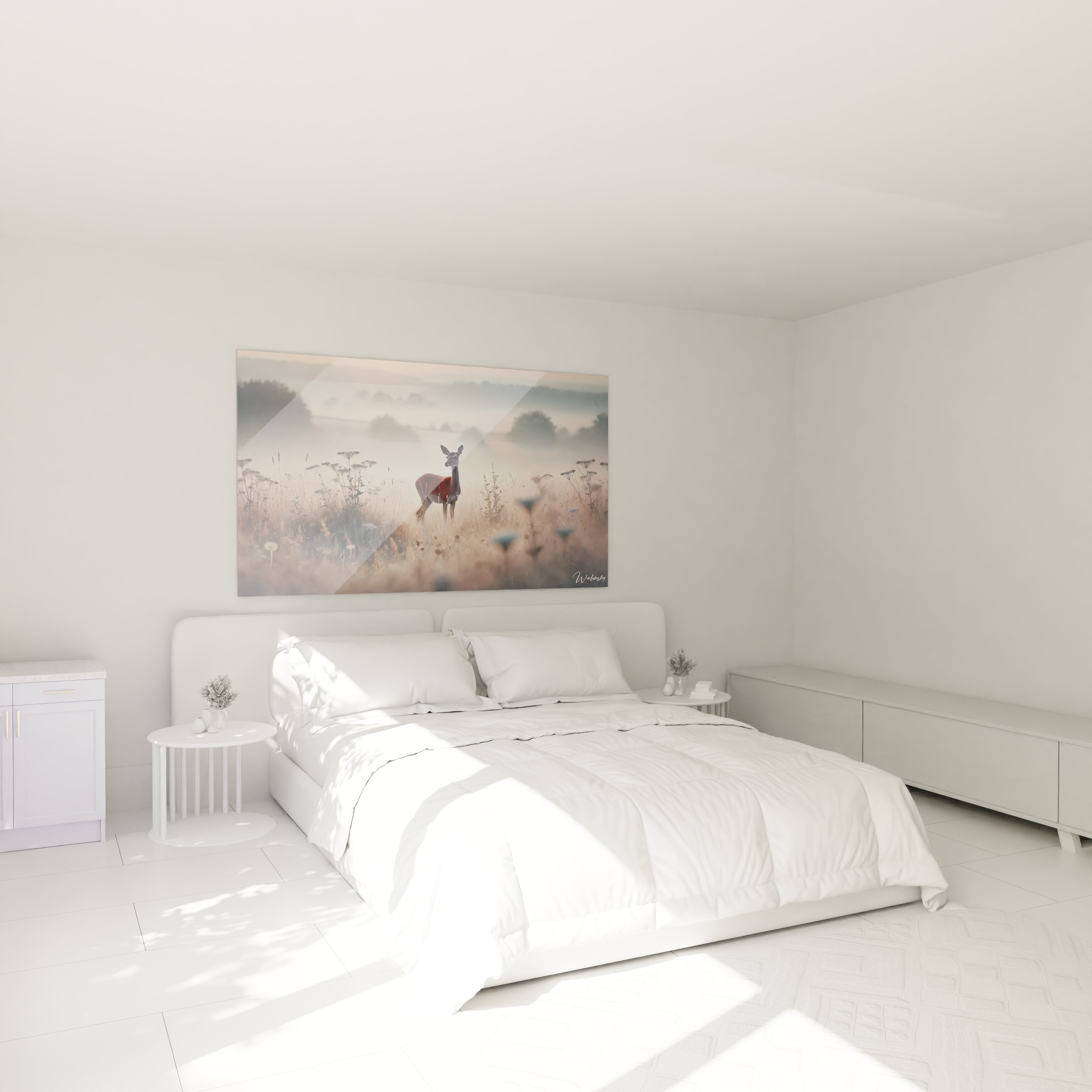 Accroché au-dessus du lit, ce tableau biche transforme votre chambre en un havre de paix. Son ambiance brumeuse invite à la relaxation chaque matin.