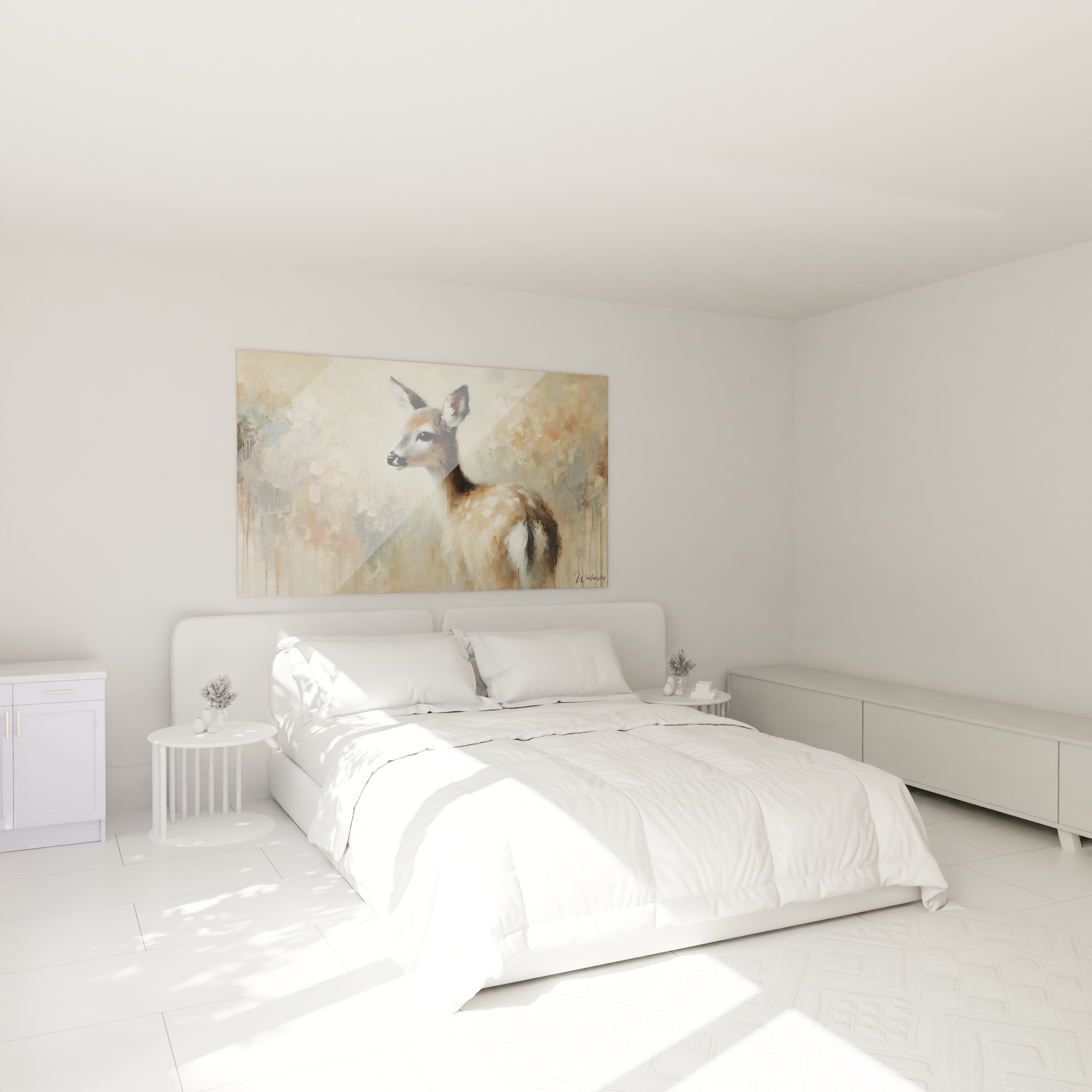 Ce tableau biche accroché au-dessus du lit transforme votre chambre en un havre de paix. Sa délicatesse et ses nuances subtiles apportent une ambiance réconfortante et naturelle à votre espace.