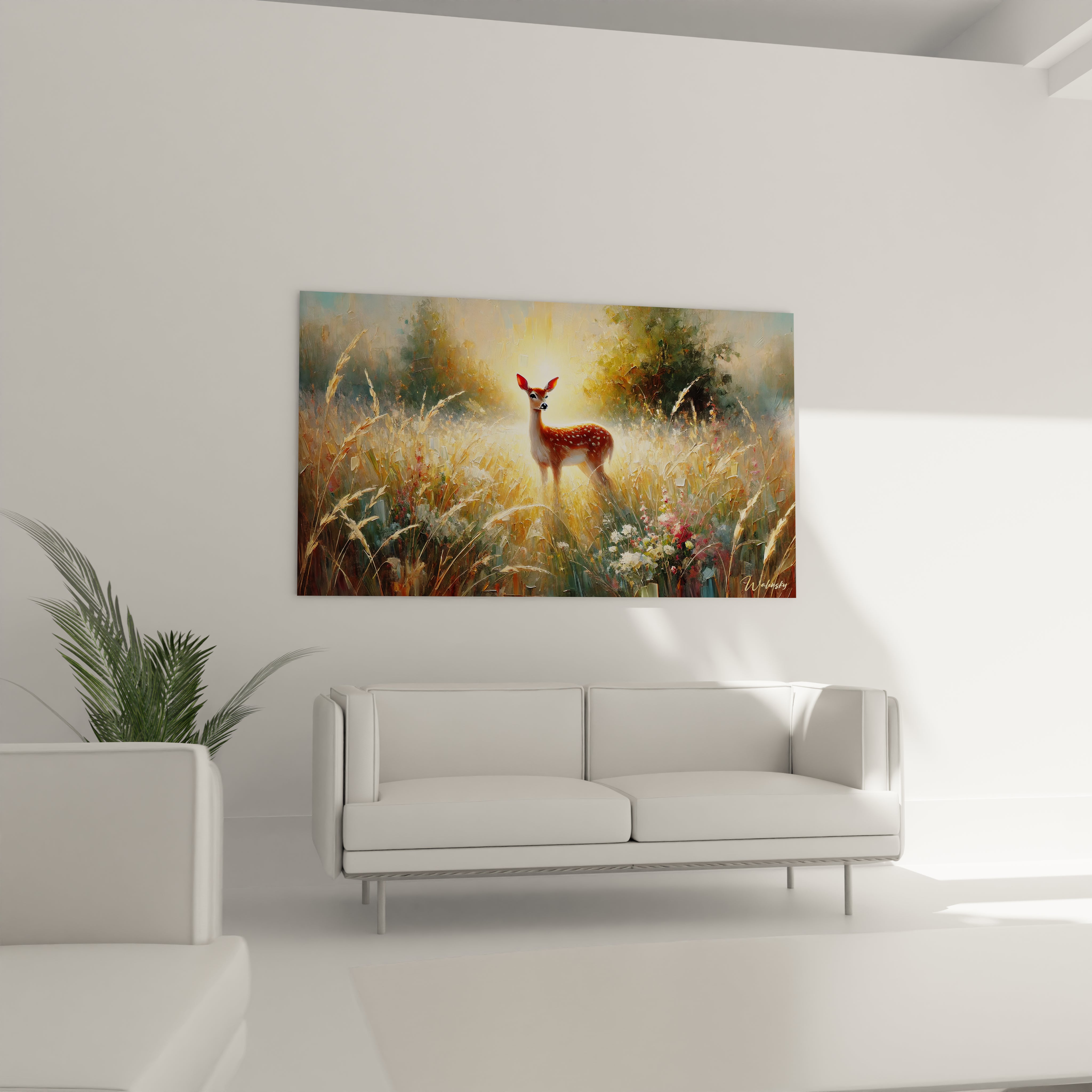 Transformez votre salon avec ce tableau biche. Accroché au-dessus du canapé, il apporte chaleur et beauté, évoquant des moments paisibles en pleine nature et une ambiance accueillante.