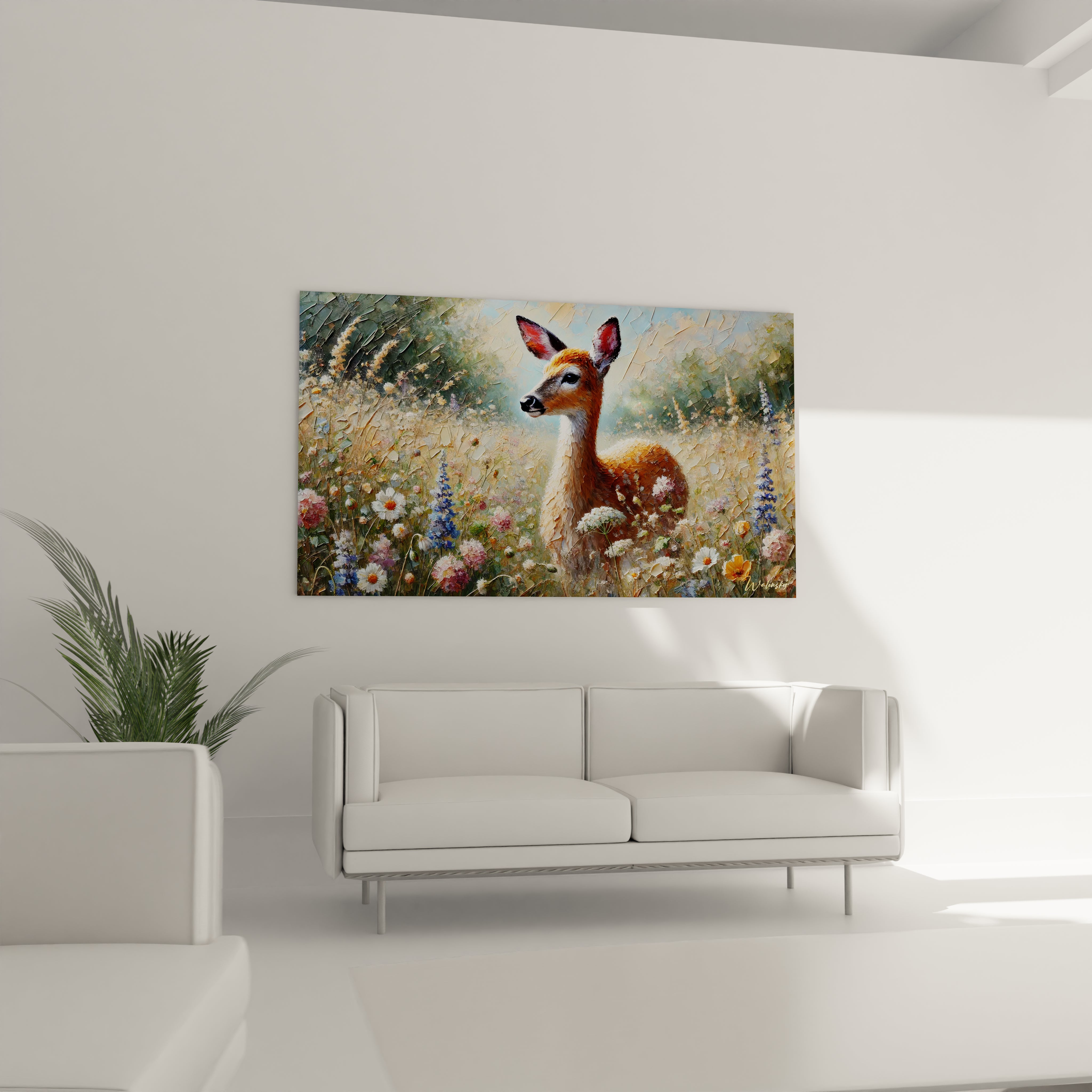 Dans le salon, ce tableau biche surplombe le canapé, ajoutant une dimension artistique. Les détails floraux et la palette douce créent une atmosphère accueillante et relaxante.

