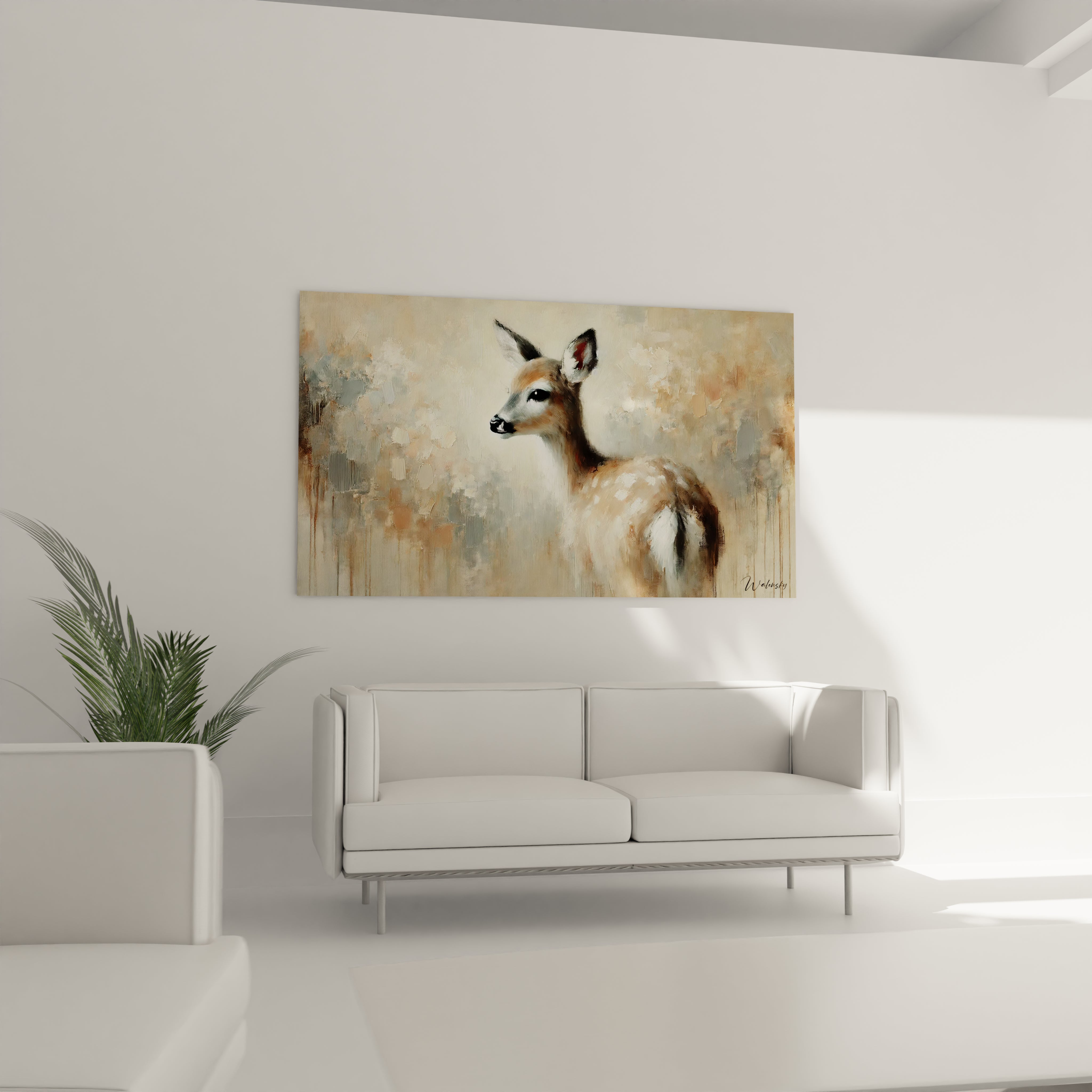 Dans ce salon moderne, le tableau biche illumine le mur au-dessus du canapé. Sa beauté organique et son ambiance sereine invitent à la contemplation, ajoutant une touche naturelle à votre décoration.