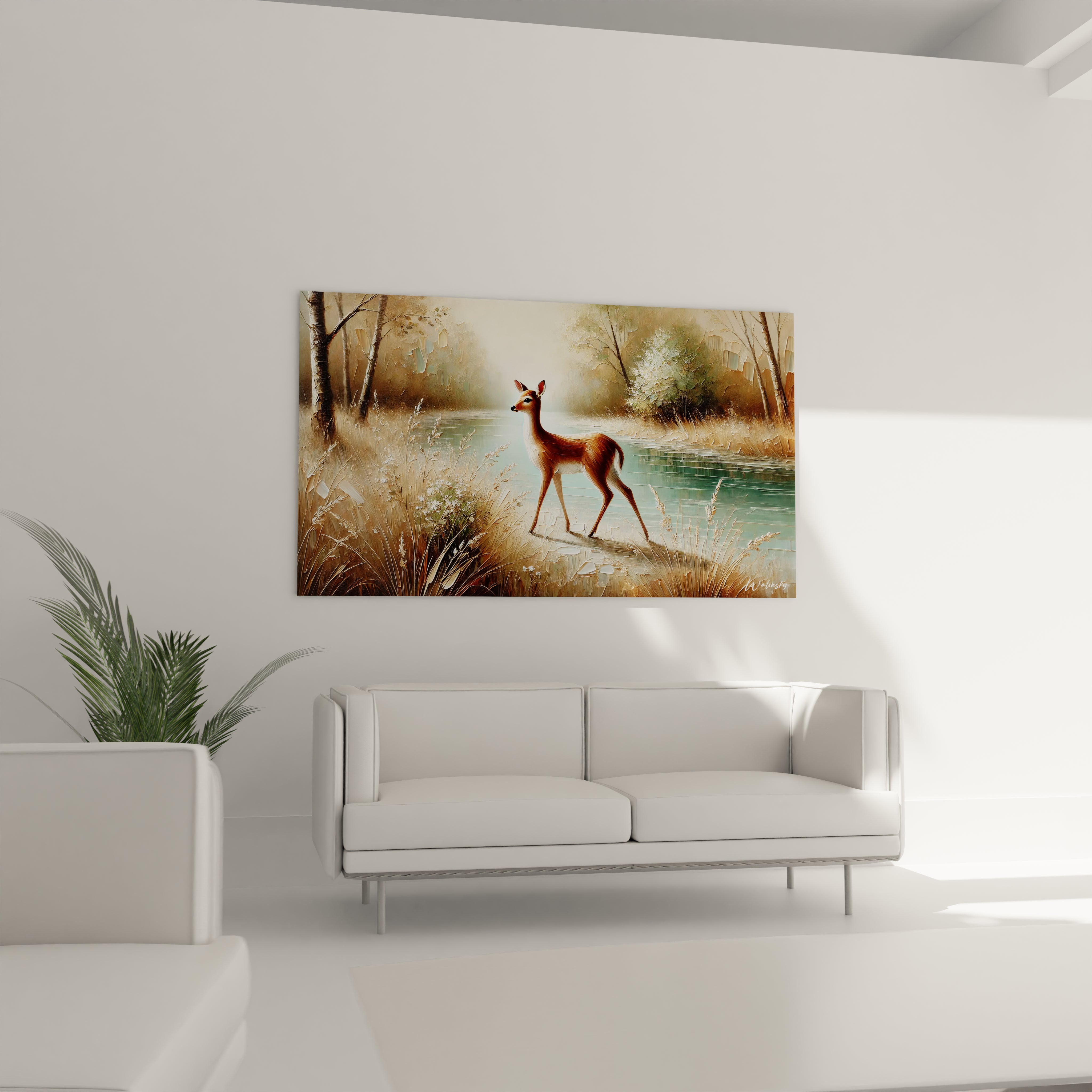 Ce tableau biche embellit le salon en étant accroché au-dessus du canapé. Sa représentation délicate de la nature invite à la détente et à la contemplation.

