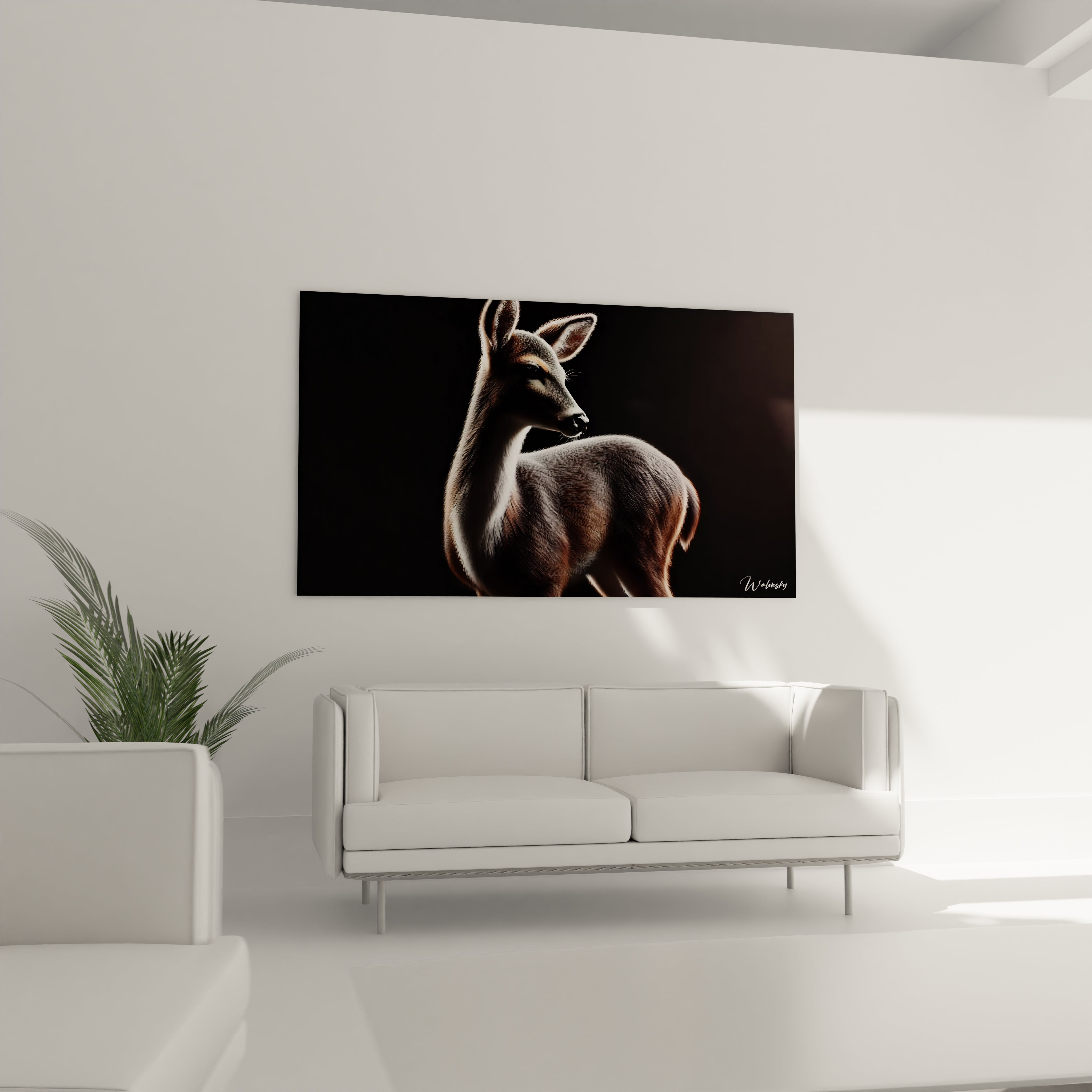 Installez ce tableau biche au-dessus de votre canapé pour une décoration moderne. Sa composition minimaliste crée un point focal captivant dans votre salon.