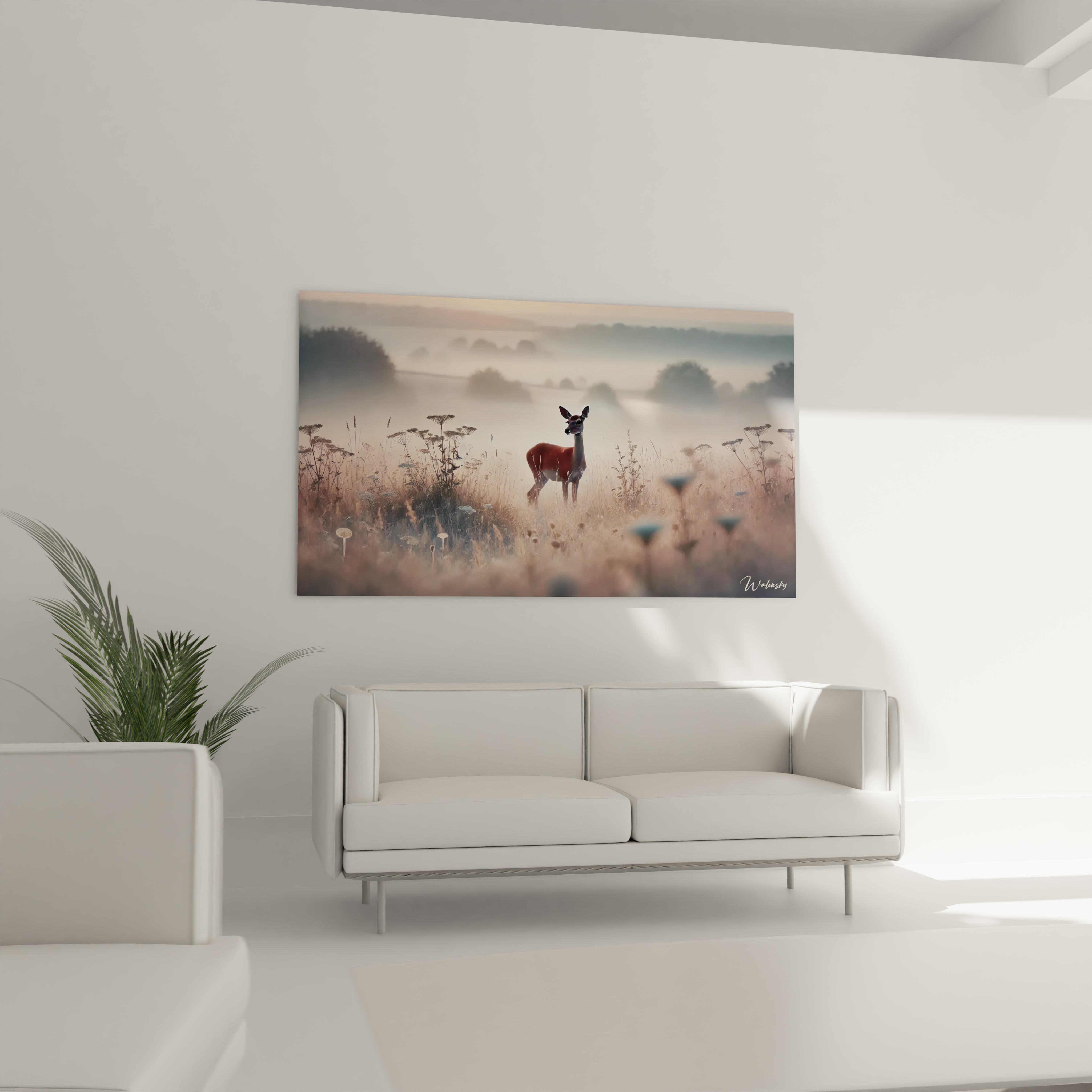  Dans le salon, ce tableau biche apporte une ambiance apaisante. Sa lumière douce et ses détails naturels créent un espace chaleureux et accueillant.