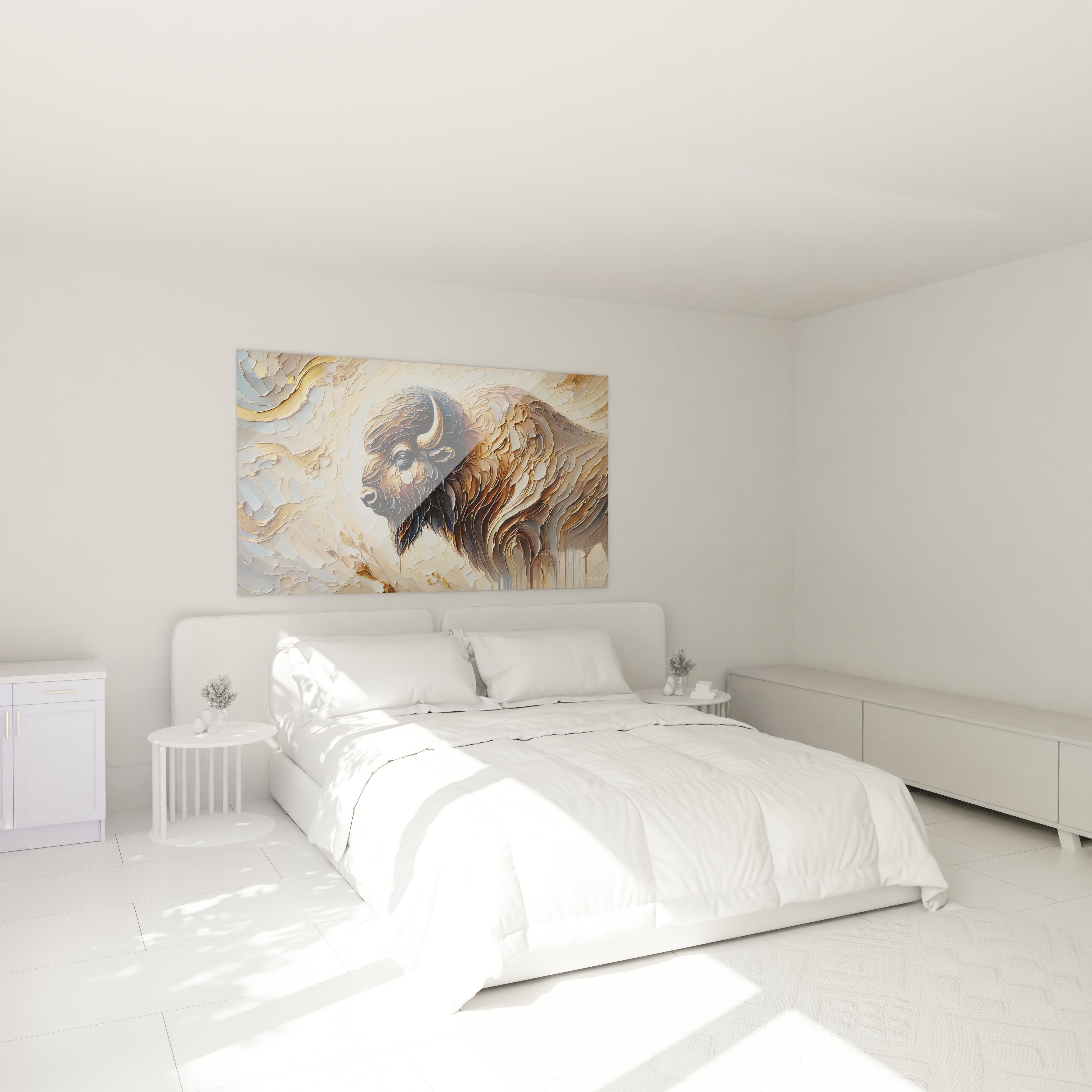 Accroche un tableau bison au dessus de ton lit pour une touche de puissance naturelle dans ta chambre. Ses textures et teintes bronze or et beige apportent calme et robustesse a ton interieur

