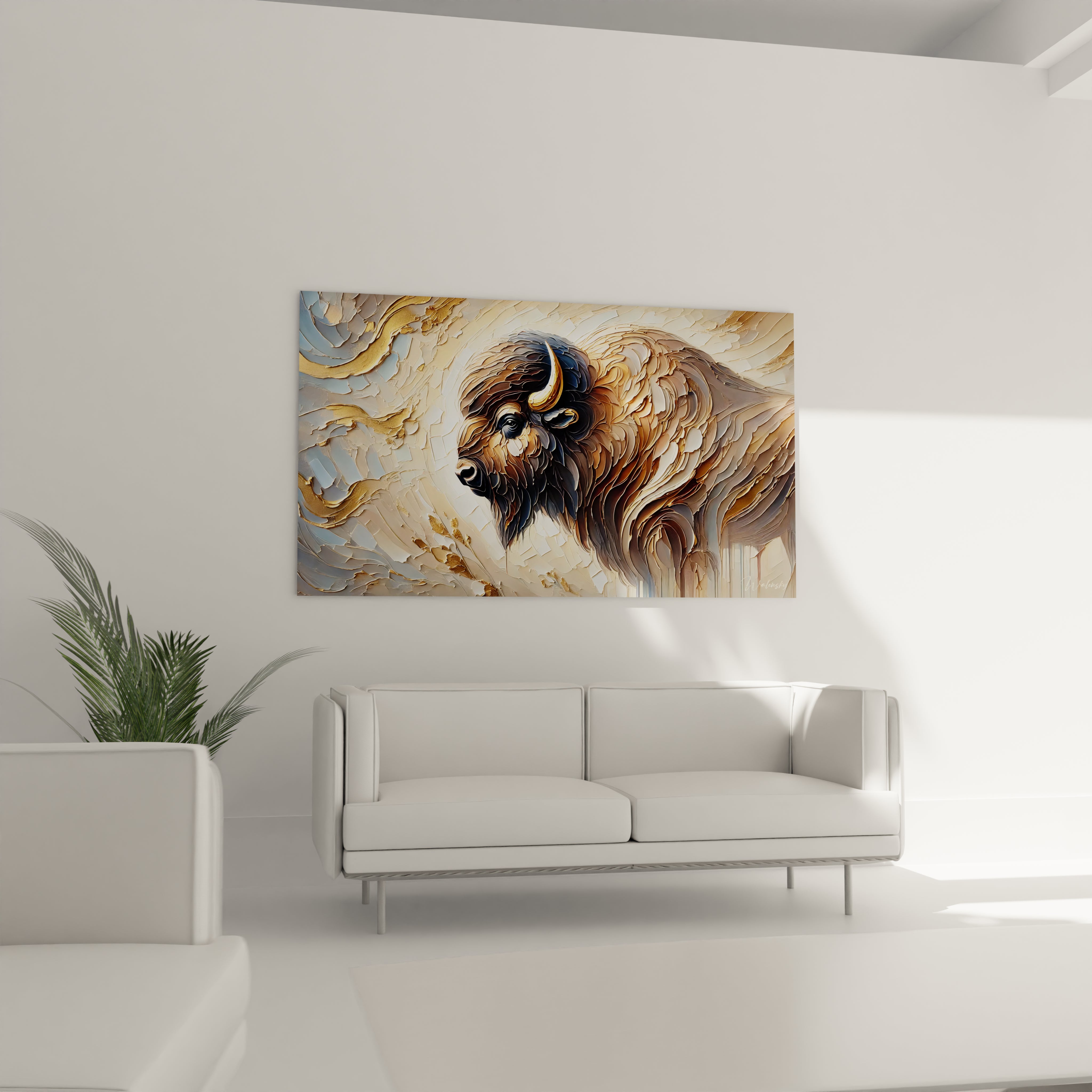 Un tableau bison accroche au dessus de ton canape transforme ton salon avec sa representation puissante. Ses couleurs bronze or et beige apportent une energie sauvage a ton espace

