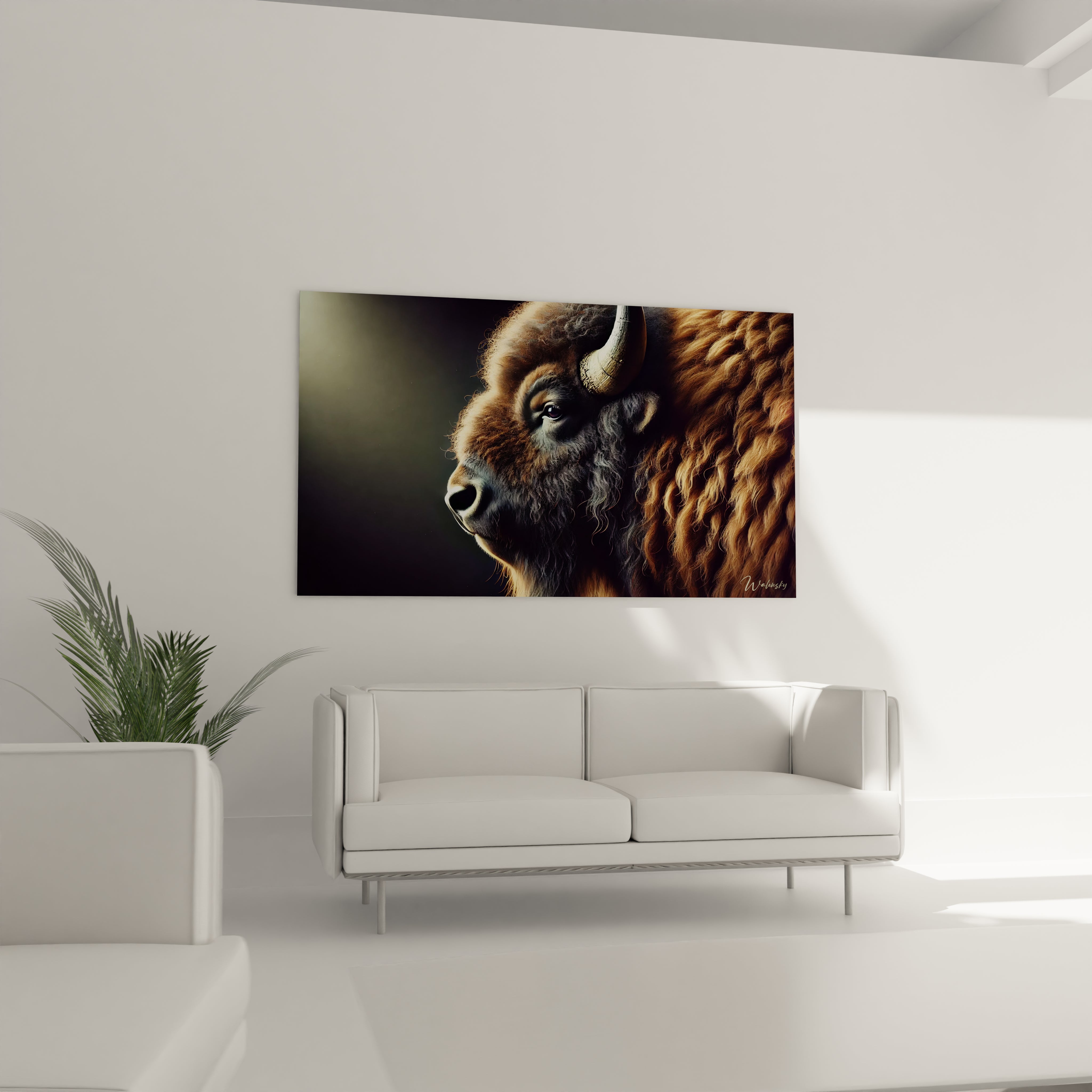 tableau bison accroche au dessus d un canape dans le salon, ce design elegant associe realisme et minimalisme, parfait pour creer une ambiance a la fois puissante et harmonieuse chez vous

