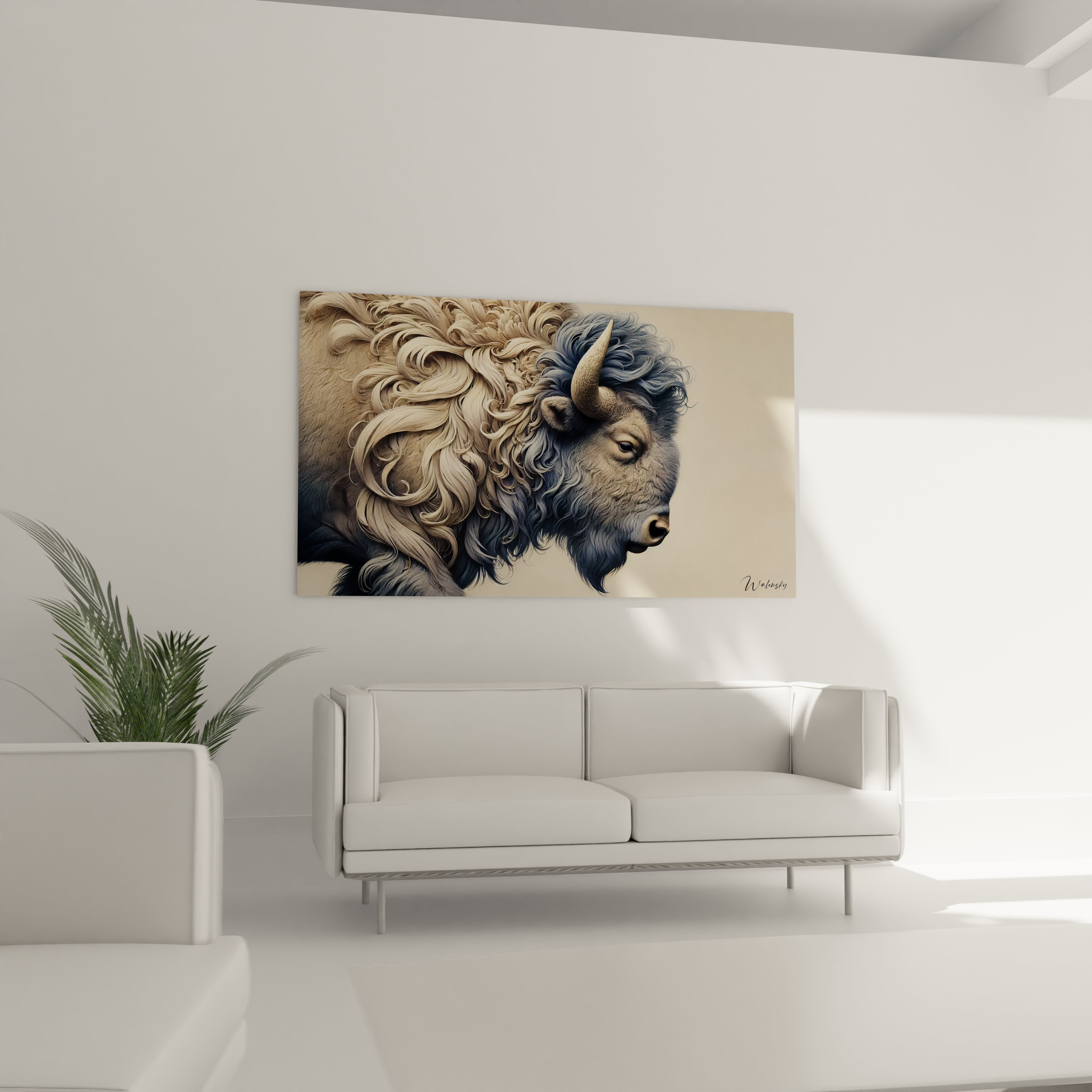 Accroche dans votre salon, ce tableau bison apporte une atmosphere contemporaine et sauvage. Les courbes et textures se marient harmonieusement avec un decor elegant et moderne.

