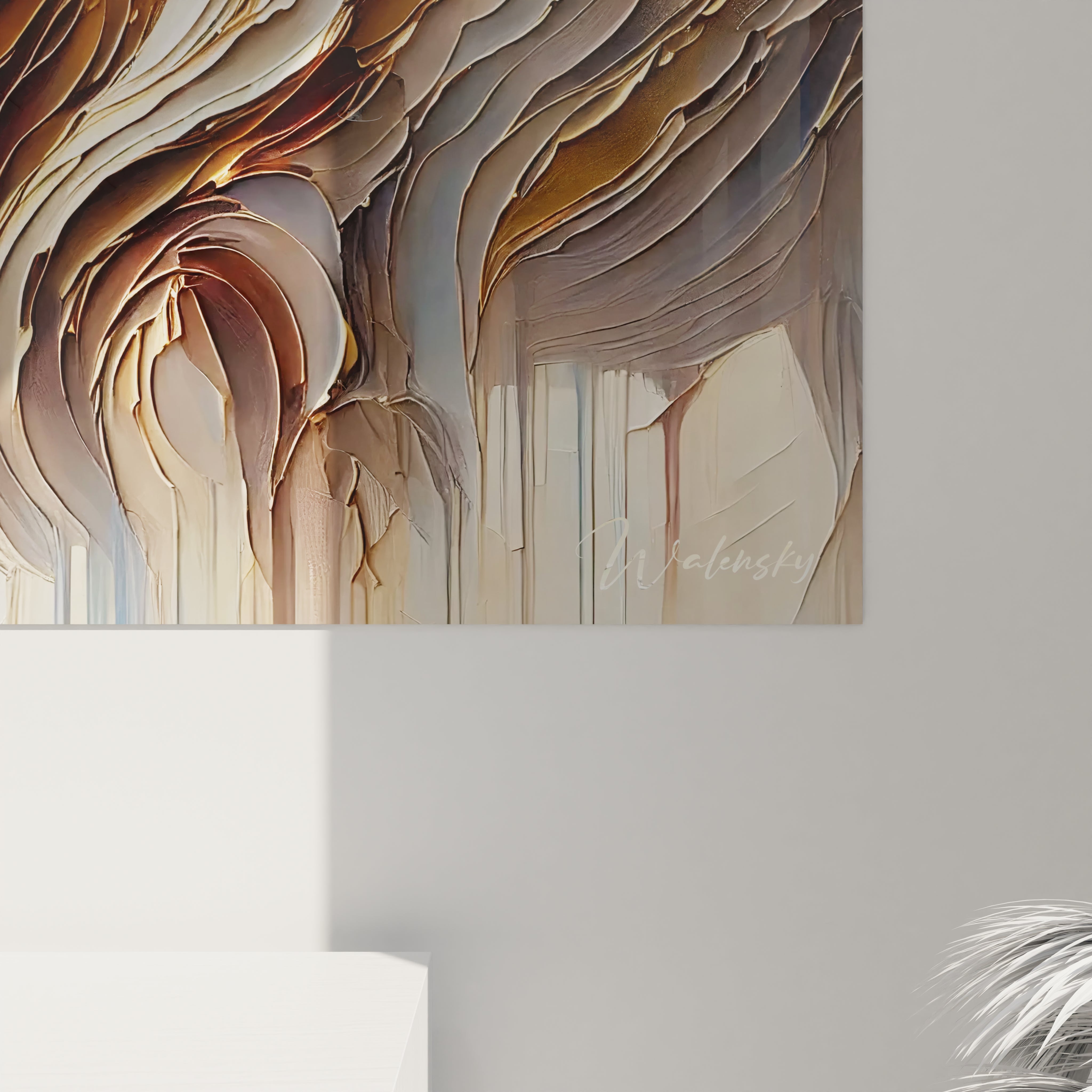 Vue de pres, ce tableau bison revele ses details textures et teintes bronze or et beige, symbolisant la force et la sagesse de la nature, parfait pour sublimer tout interieur






