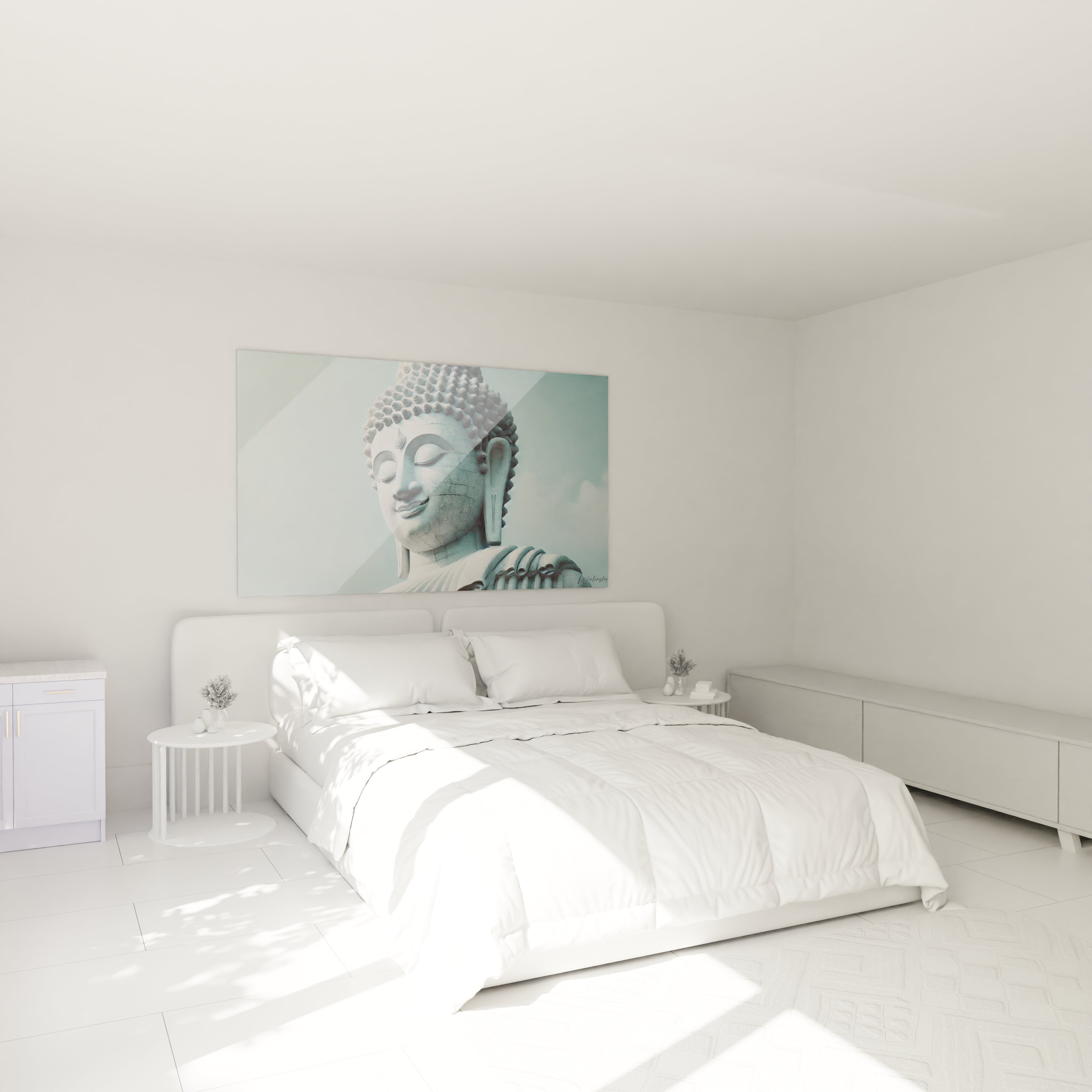 Transformez votre chambre en havre de paix avec ce tableau Bouddha au-dessus du lit, un symbole de méditation et de calme pour des nuits apaisantes.

