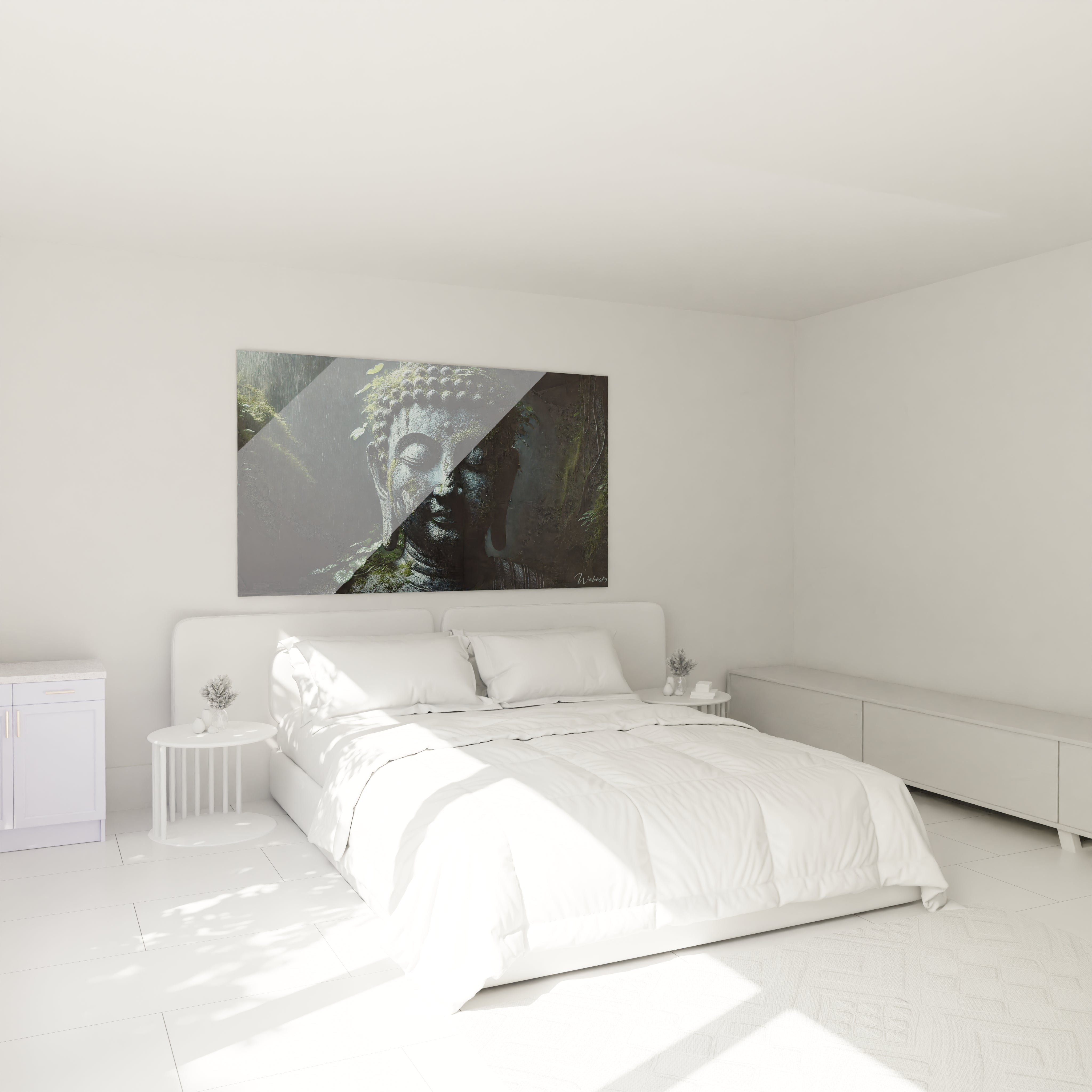 Au-dessus du lit, ce tableau Bouddha transforme votre chambre en un sanctuaire paisible. Son design réaliste et apaisant invite à la relaxation et au calme intérieur.

