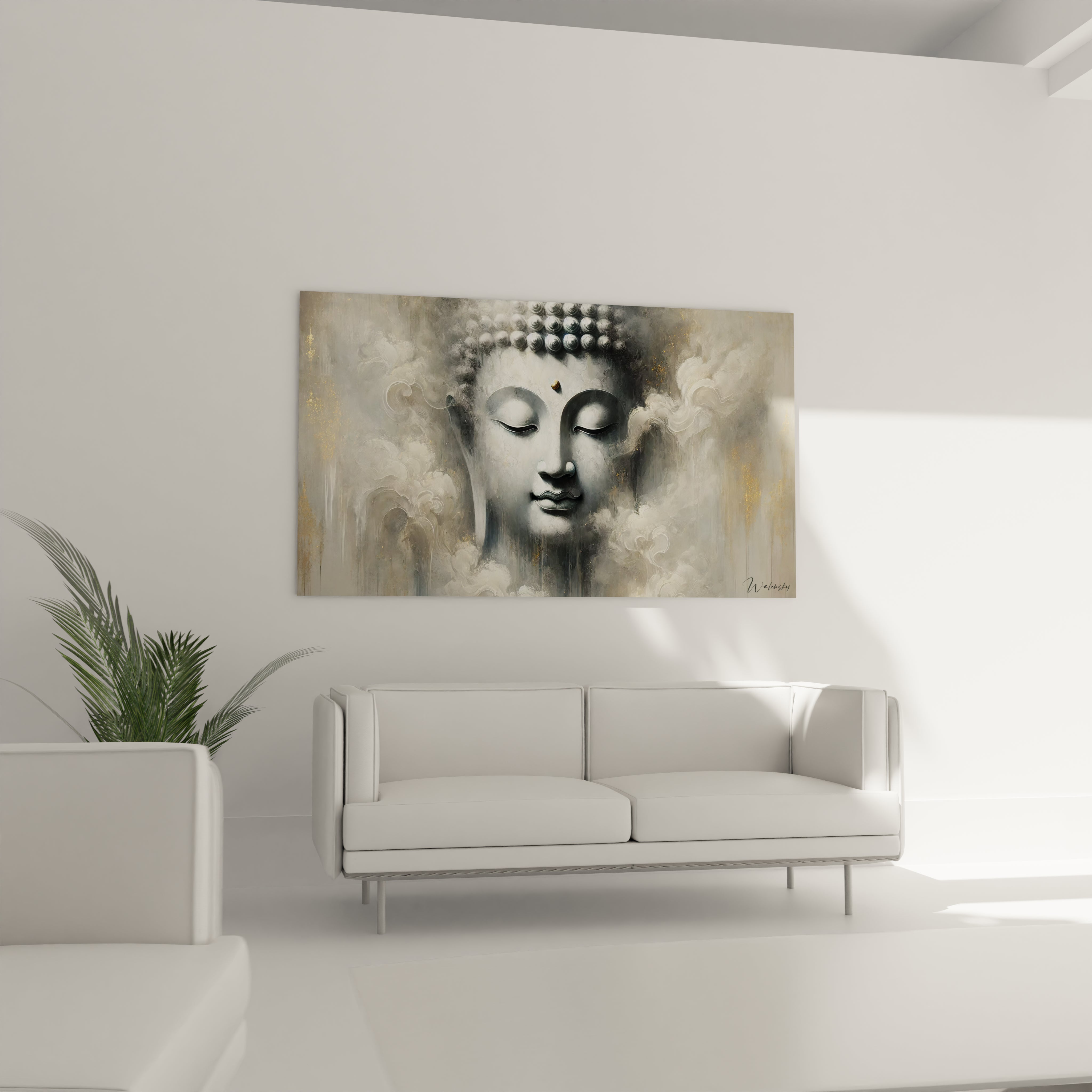 Au-dessus d'un canapé dans le salon, ce tableau Bouddha apporte une énergie spirituelle et une touche contemporaine, transformant votre espace en un havre de paix.

