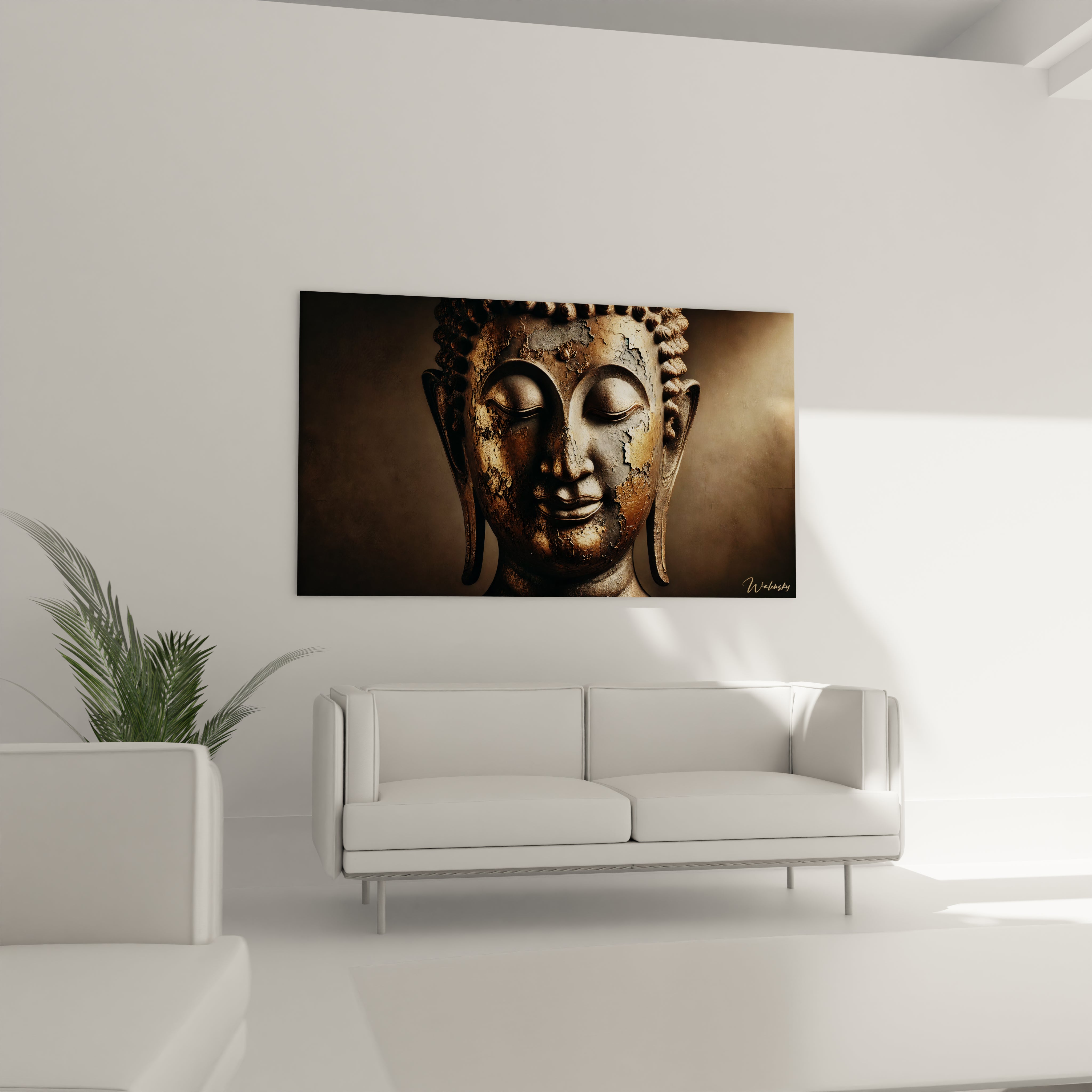 Sublimez votre salon avec ce tableau Bouddha placé au-dessus du canapé. Ses nuances bronze et or diffusent une énergie calme et transforment votre espace en sanctuaire de paix.