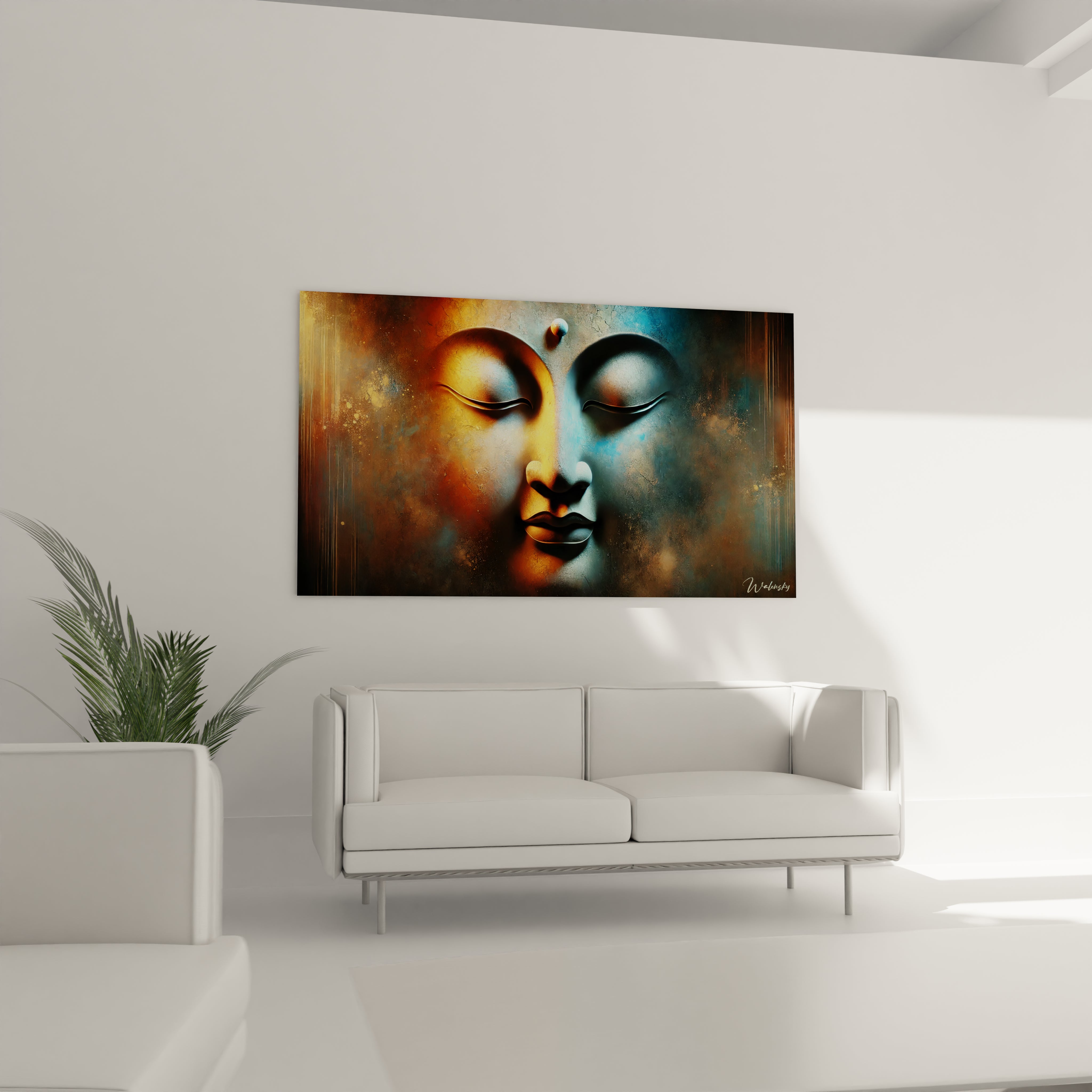 Dans un salon, ce tableau Bouddha accroché au-dessus du canapé crée une ambiance zen et contemporaine. Une pièce maîtresse pour une décoration équilibrée.

