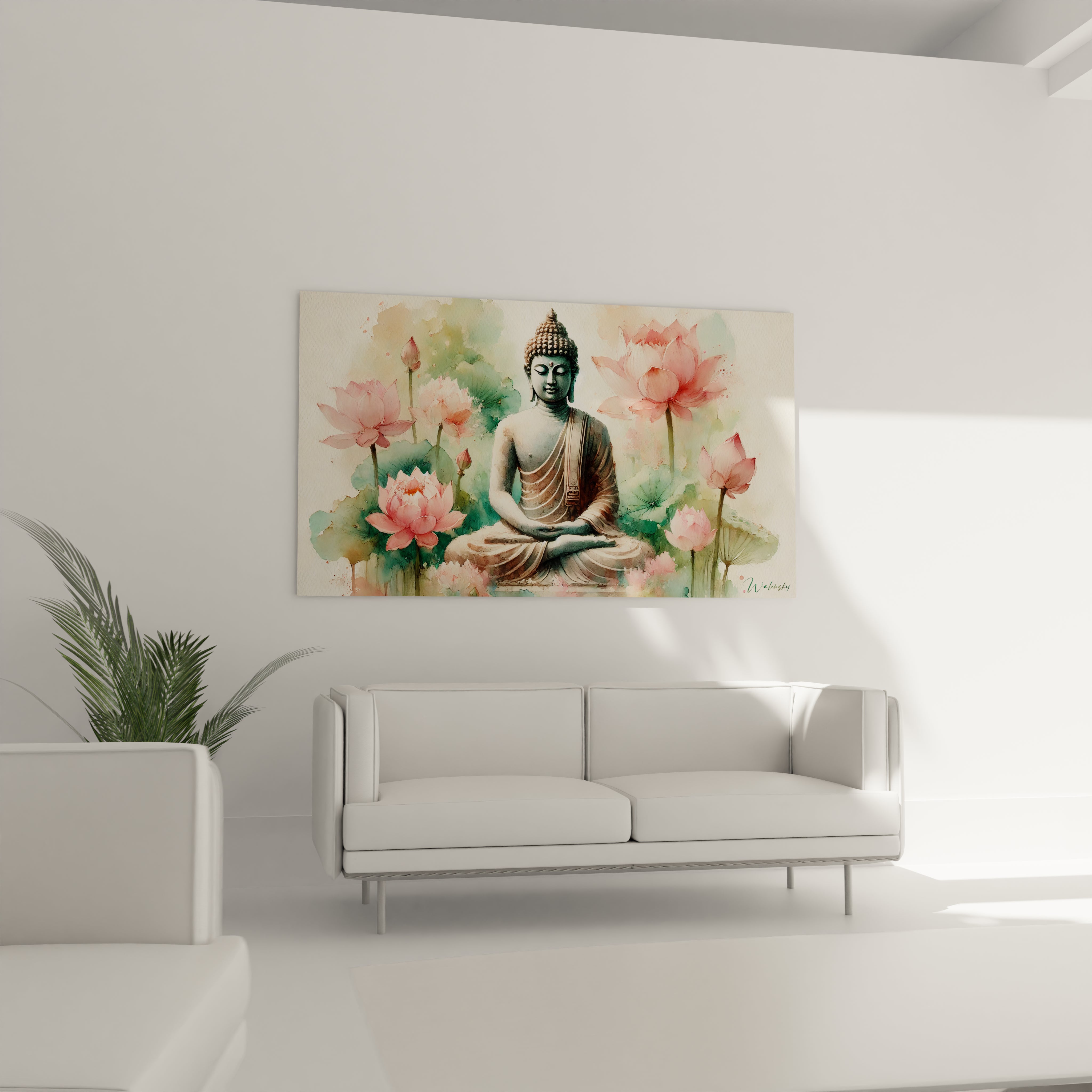 Dans un salon, au-dessus du canapé, ce tableau Bouddha offre une touche spirituelle et harmonieuse, favorisant une ambiance de calme et d’équilibre.

