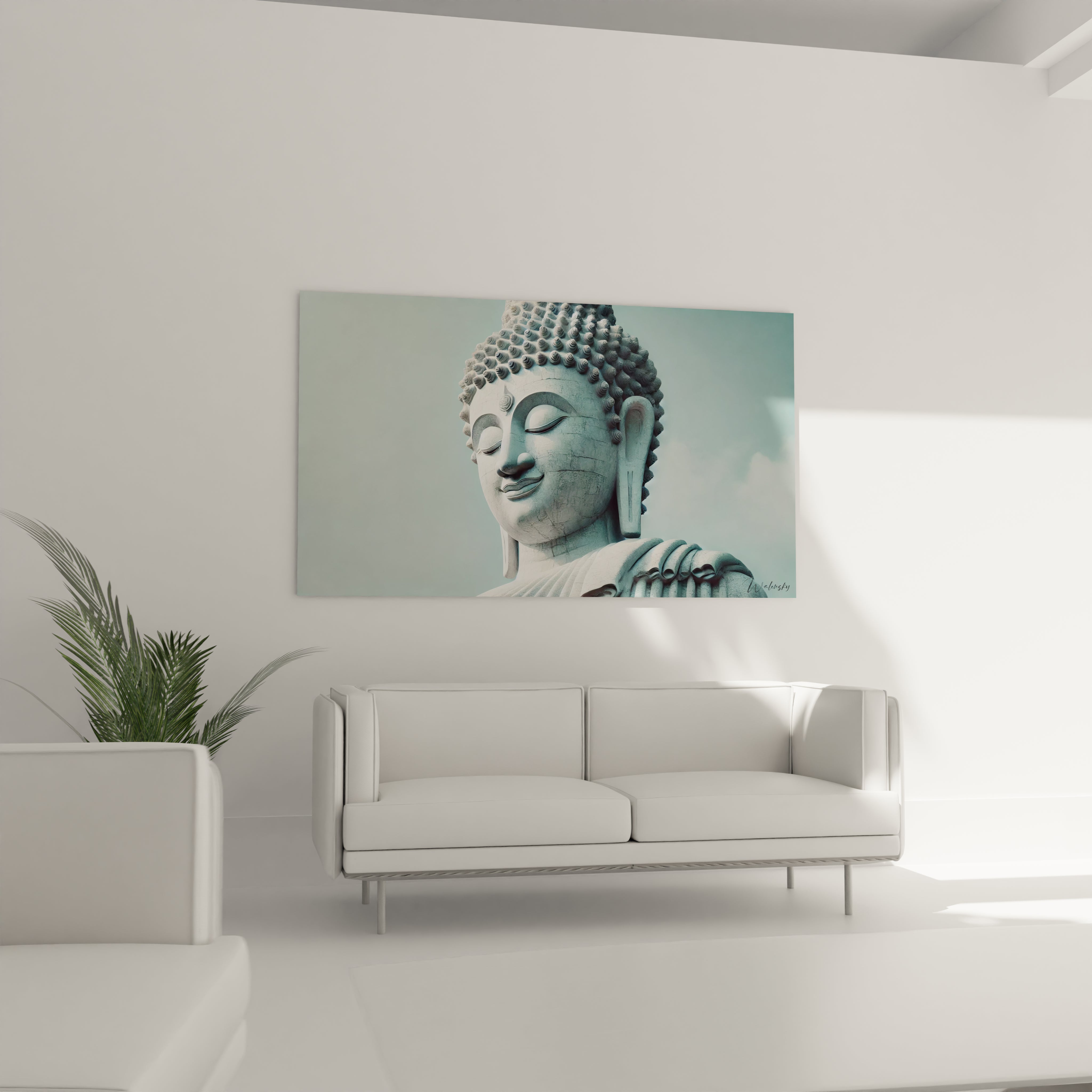 Sublimez votre salon avec ce tableau Bouddha au-dessus du canapé, créant une ambiance zen et propice à la détente grâce à son aura apaisante.

