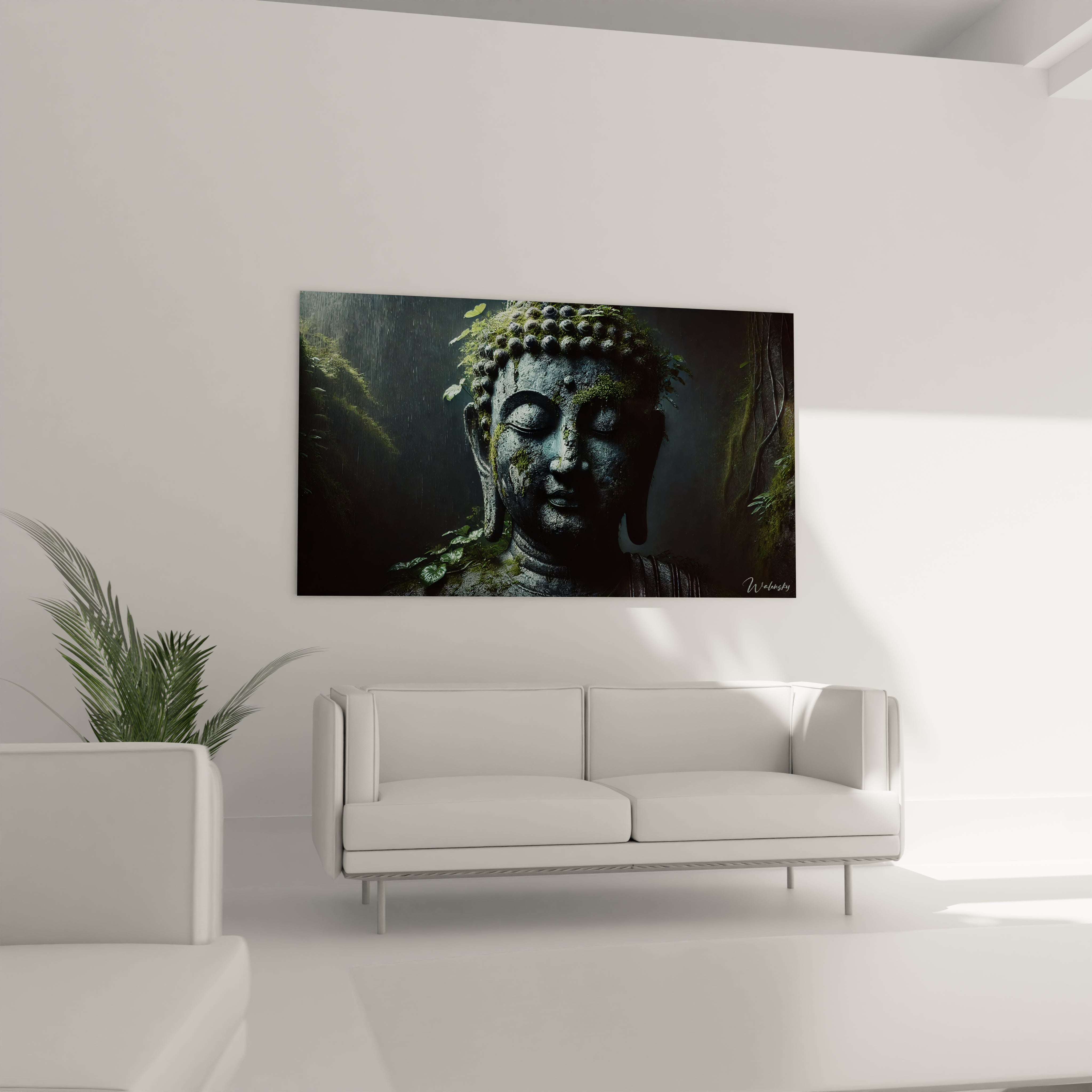 Accroché au mur du salon, ce tableau Bouddha crée une atmosphère zen et méditative. Un chef-d’œuvre intemporel qui mêle nature et spiritualité avec élégance.

