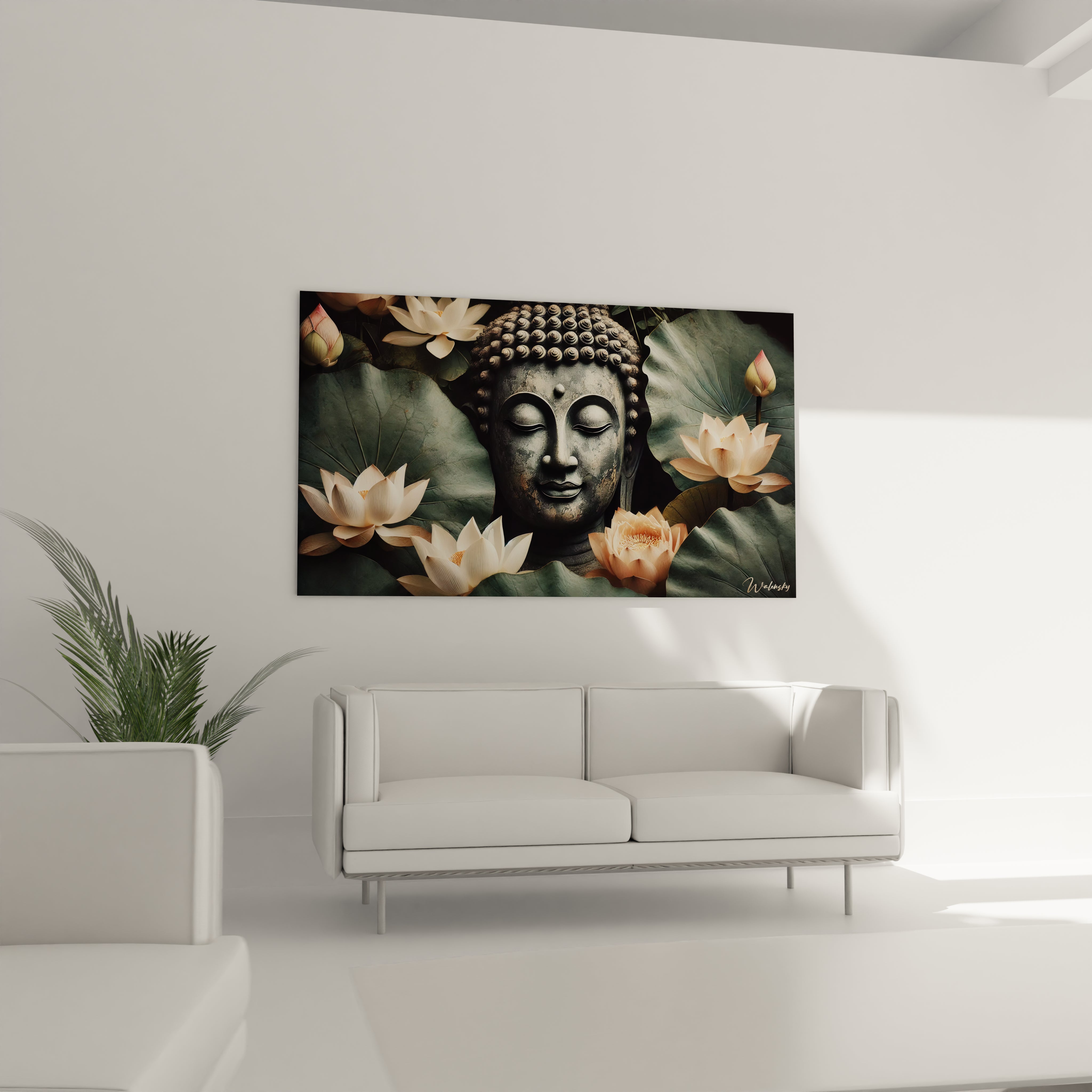 Transformez votre salon avec ce tableau Bouddha au-dessus du canapé, un symbole de paix intérieure et d'équilibre parfait pour un intérieur zen.

