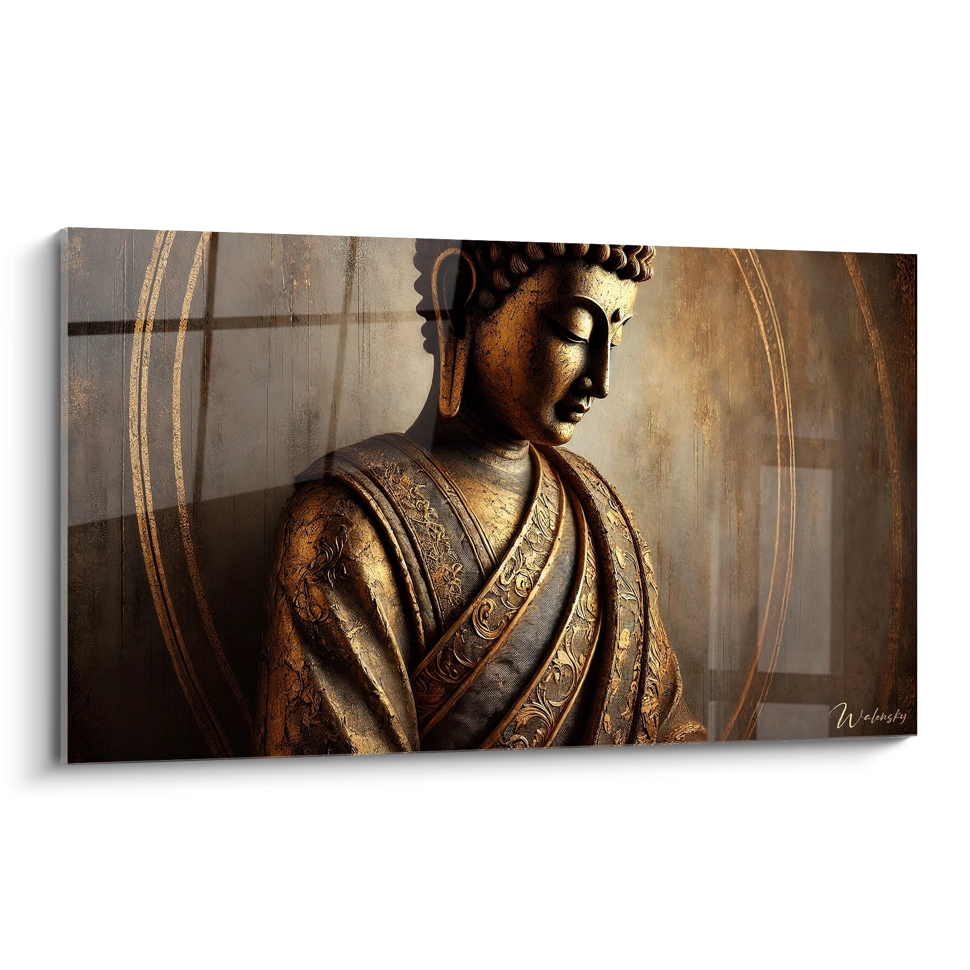 Découvrez ce tableau Bouddha, une oeuvre inspirante aux tons dorés et bronze, vue de biais, idéale pour créer un espace empreint de sérénité et de spiritualité dans votre intérieur.

