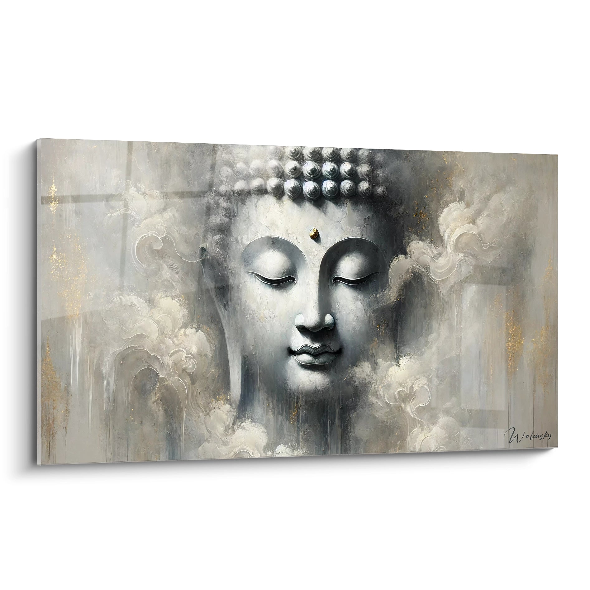 Vue de biais, ce tableau Bouddha sublime capture la sérénité de la méditation avec ses nuances or et argent, parfait pour un espace apaisant et harmonieux.

