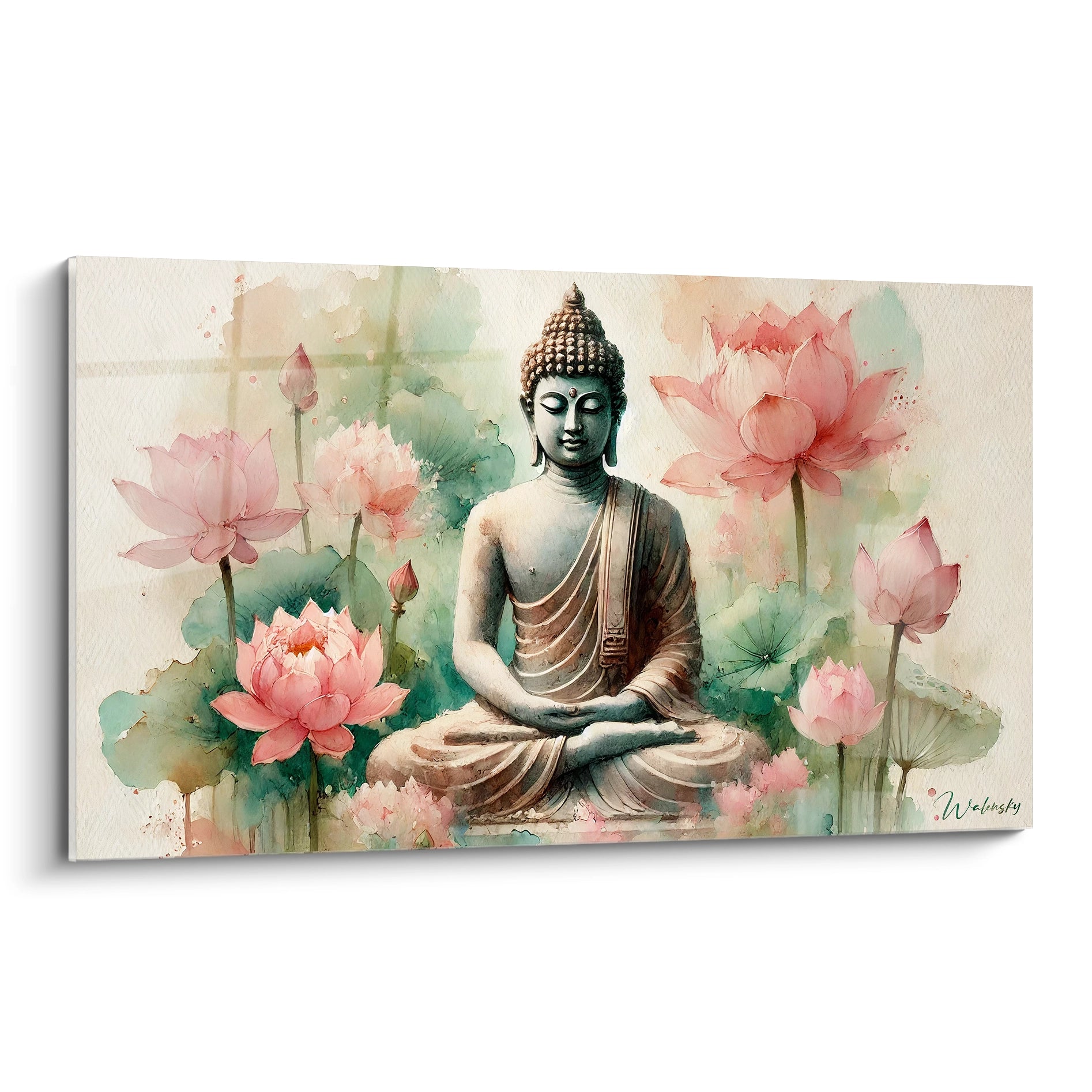 Vue de biais, ce tableau Bouddha inspire la sérénité avec ses teintes aquarelles et ses fleurs de lotus, parfait pour un intérieur apaisant.

