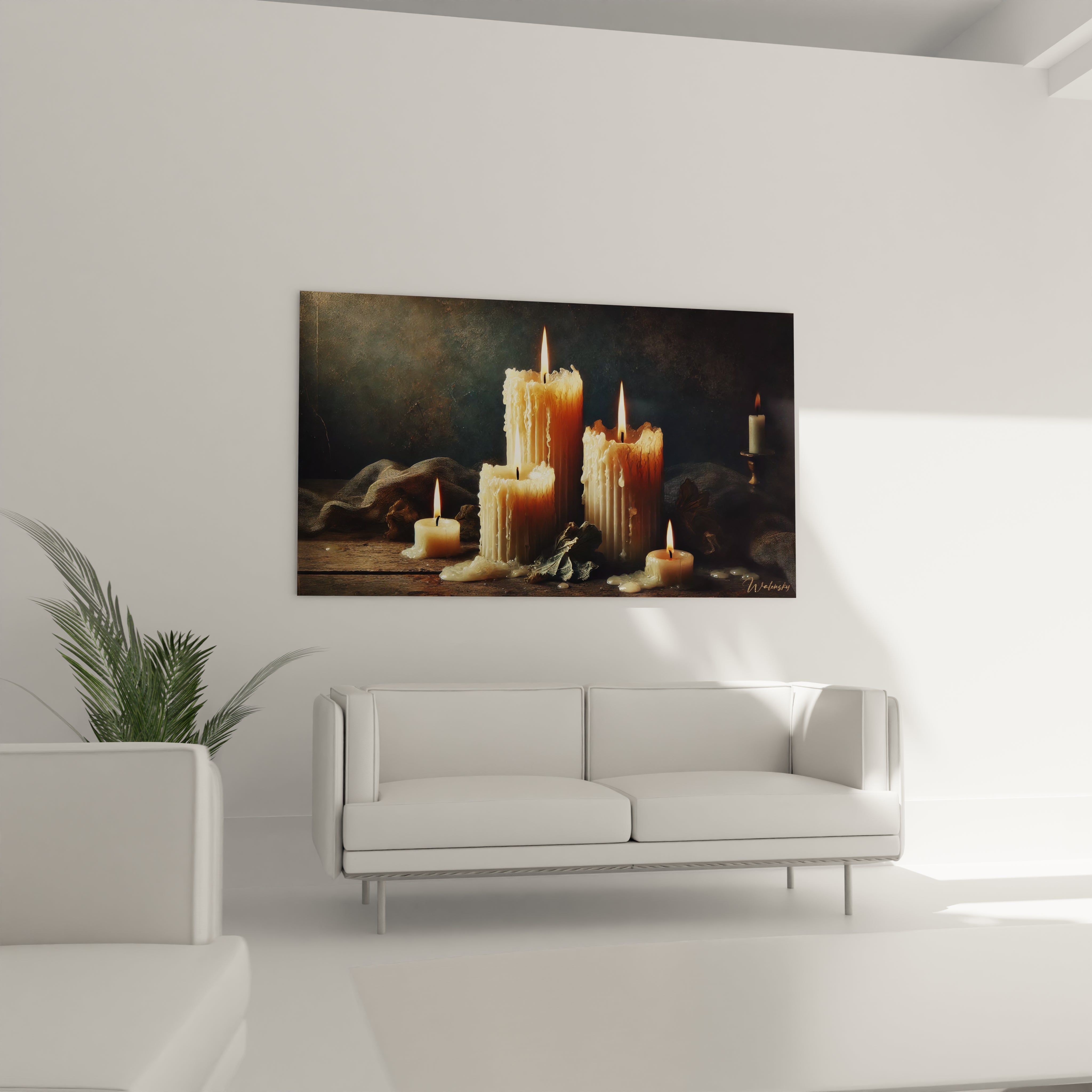 Sublimez votre salon avec ce tableau bougie placé au-dessus du canapé. Sa lumière chaleureuse et ses détails réalistes créent une ambiance accueillante et intime.

