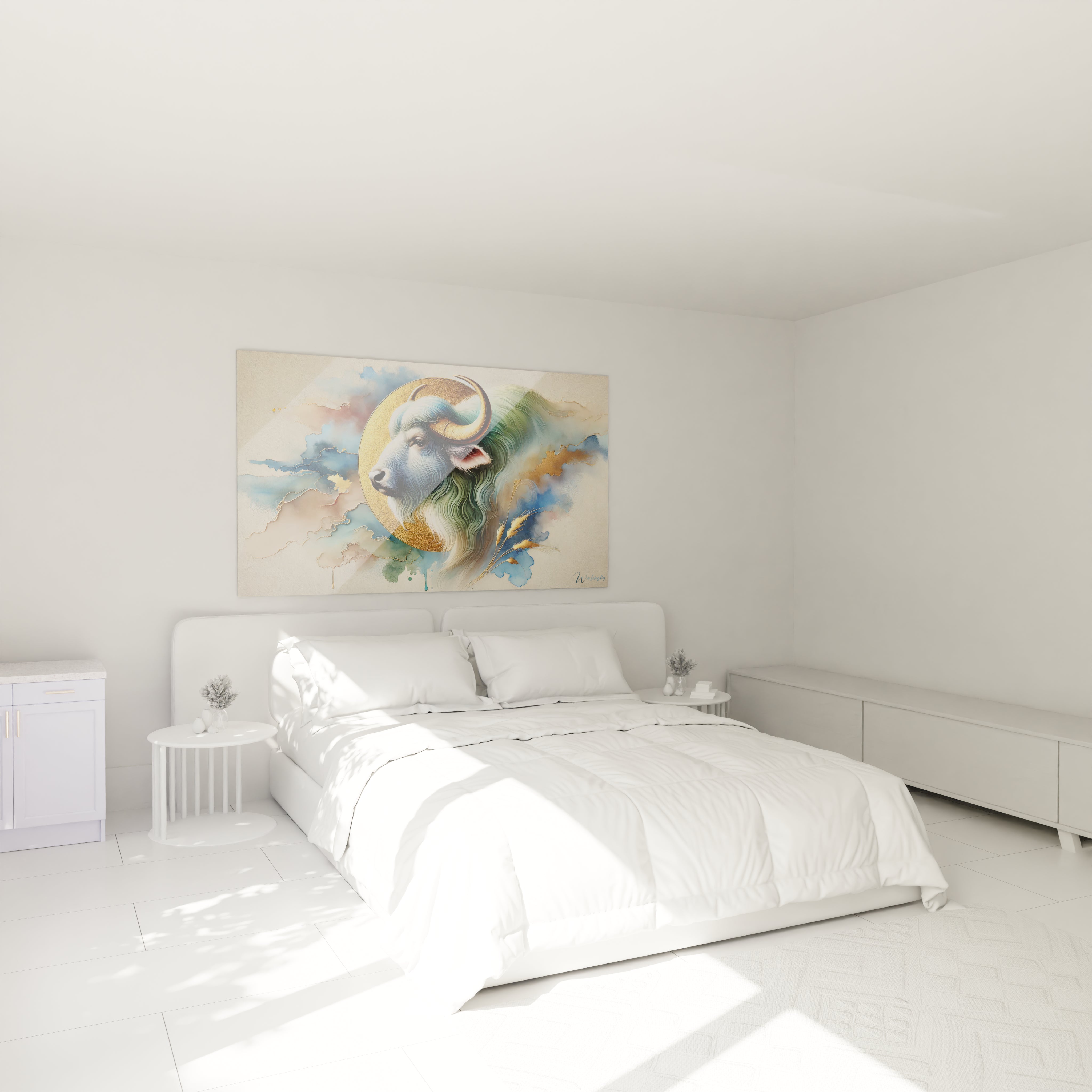 tableau buffle ajoute une aura de serenite a la chambre en apportant une touche de sophistication les cornes dorées se marient parfaitement avec le decor tout en etant un point focal

