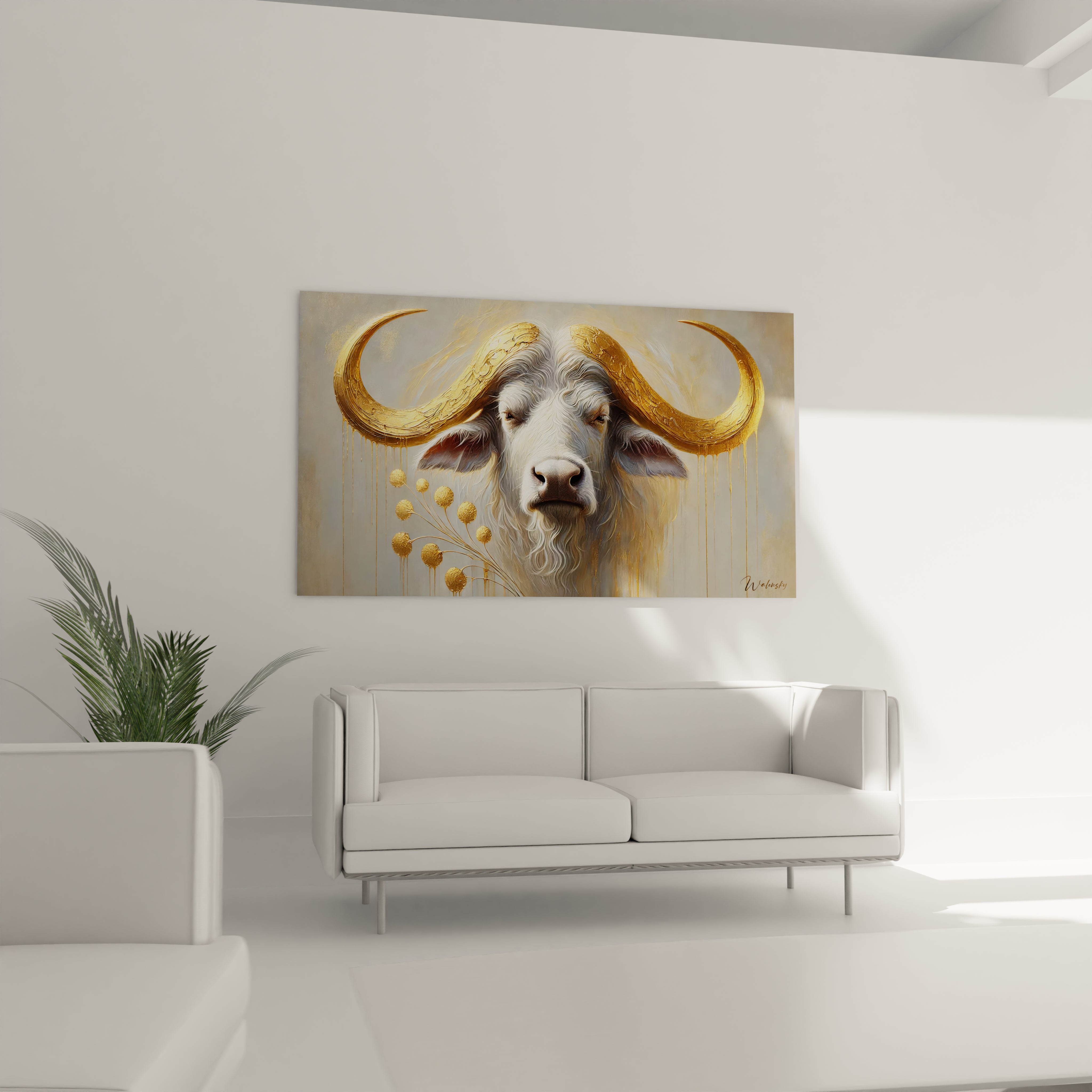 tableau buffle accroche au dessus d un canape dans un salon design met en avant la noblesse de l animal Ses cornes dorees contrastent magnifiquement avec un fond neutre pour un effet puissant et apaisant

