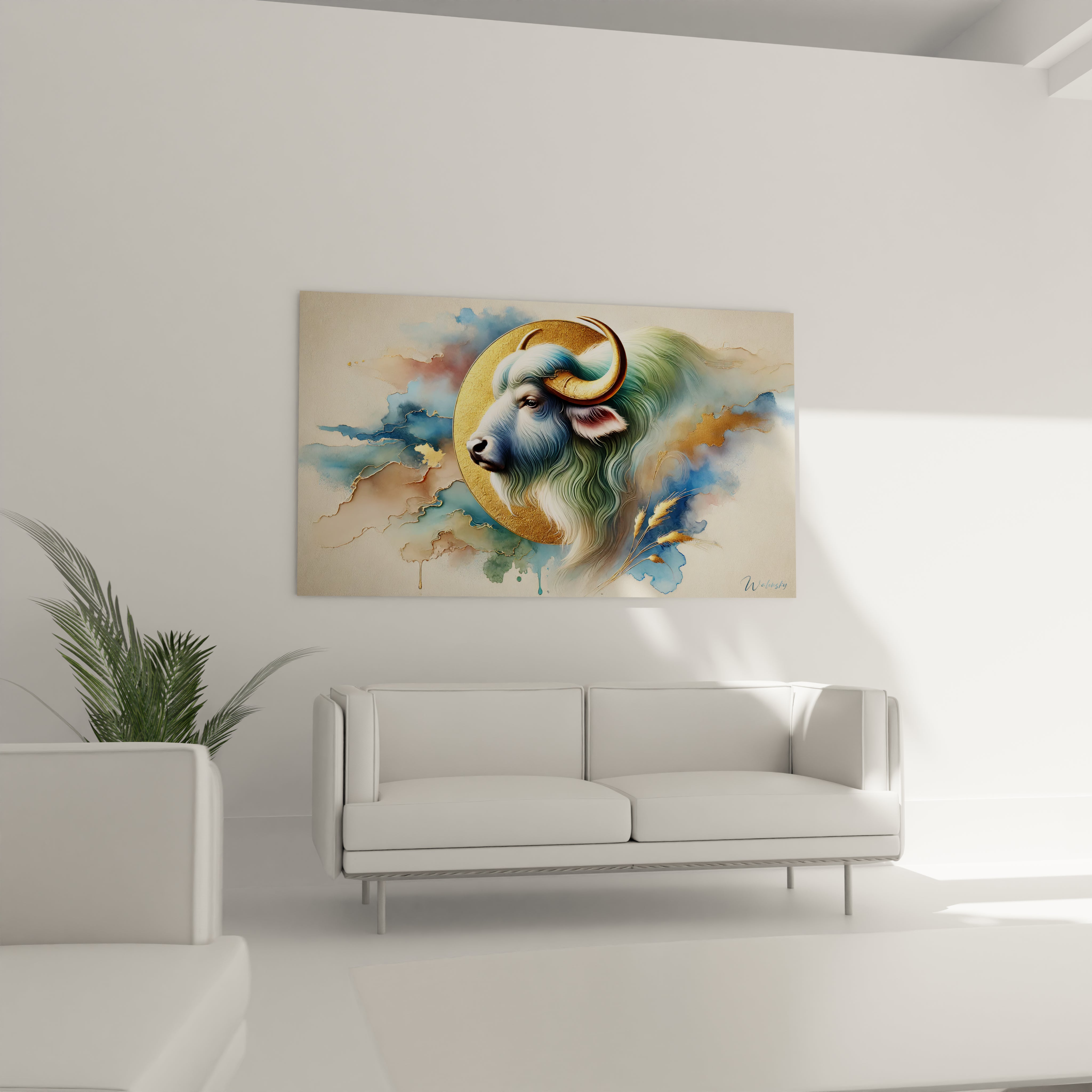 dans ce salon moderne le tableau buffle attire le regard avec ses couleurs audacieuses et ses textures profondes il combine realisme et abstraction pour une decoration saisissante

