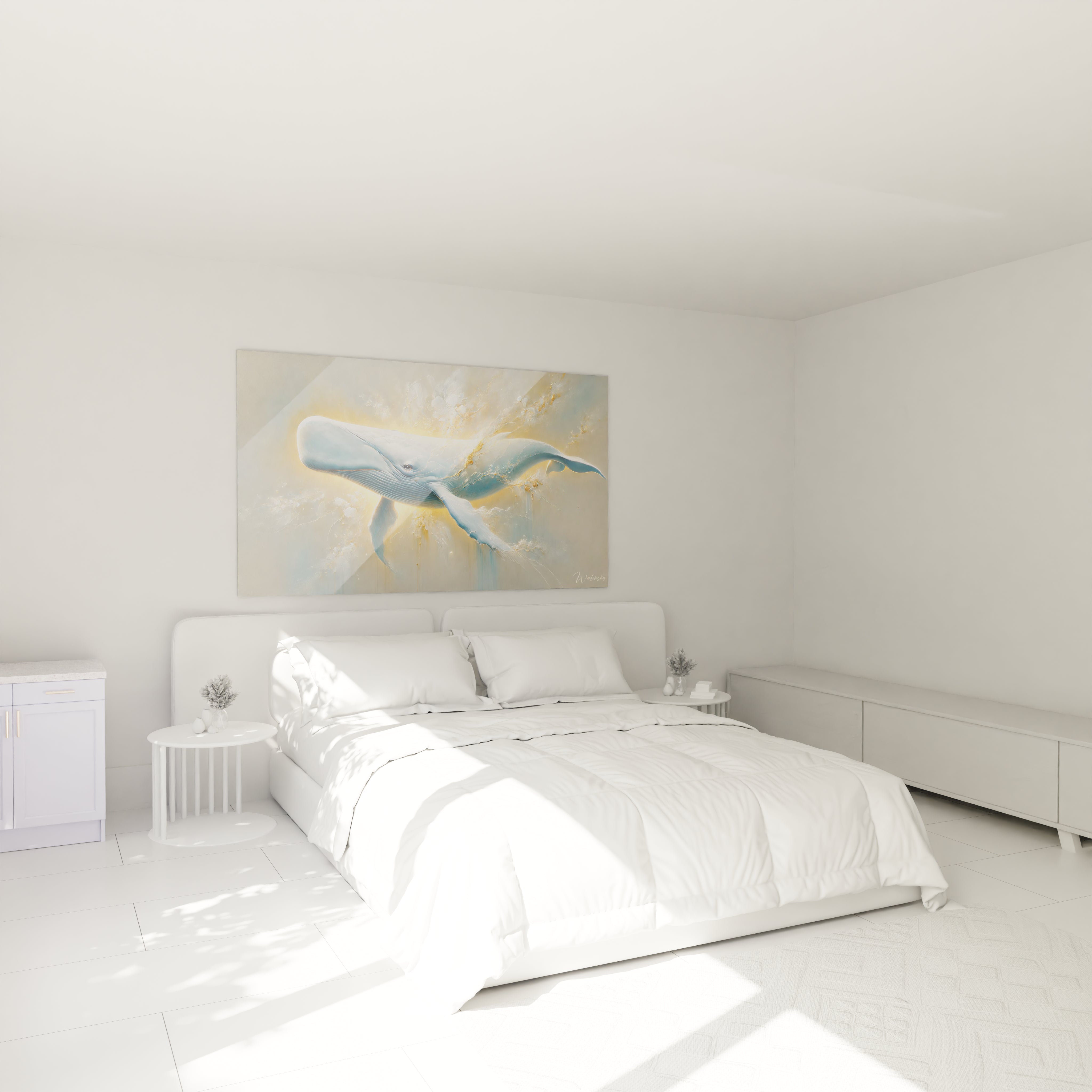 tableau cachalot accroche au mur dans une chambre au dessus du lit apporte serenite et elegance grace a sa palette de couleurs bleues et dorees ideal pour creer une atmosphere reposante

