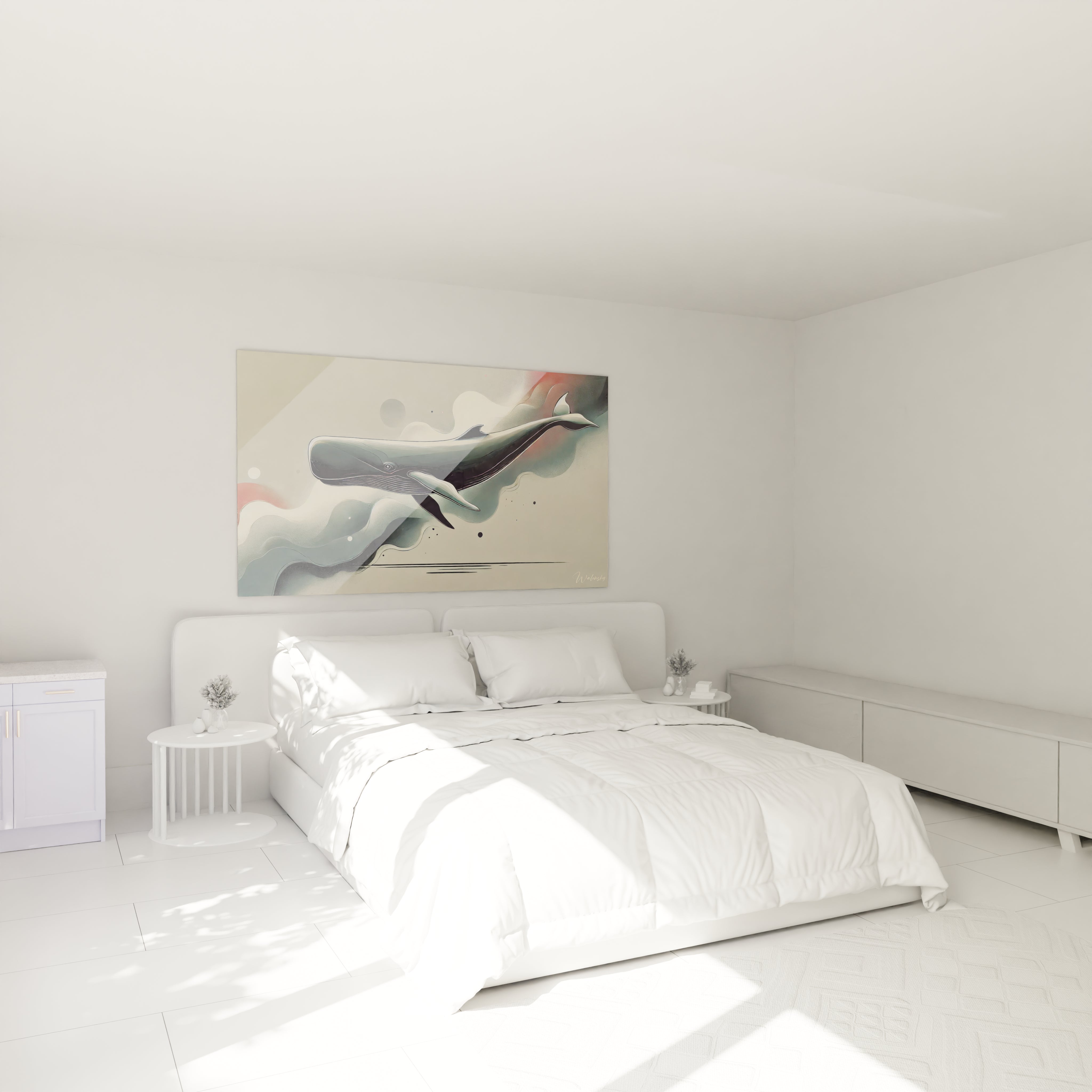 tableau cachalot accroche au mur au dessus du lit dans une chambre moderne apporte une touche de serenite et d'elegance lignes epurees et fond abstrait creent une ambiance apaisante

