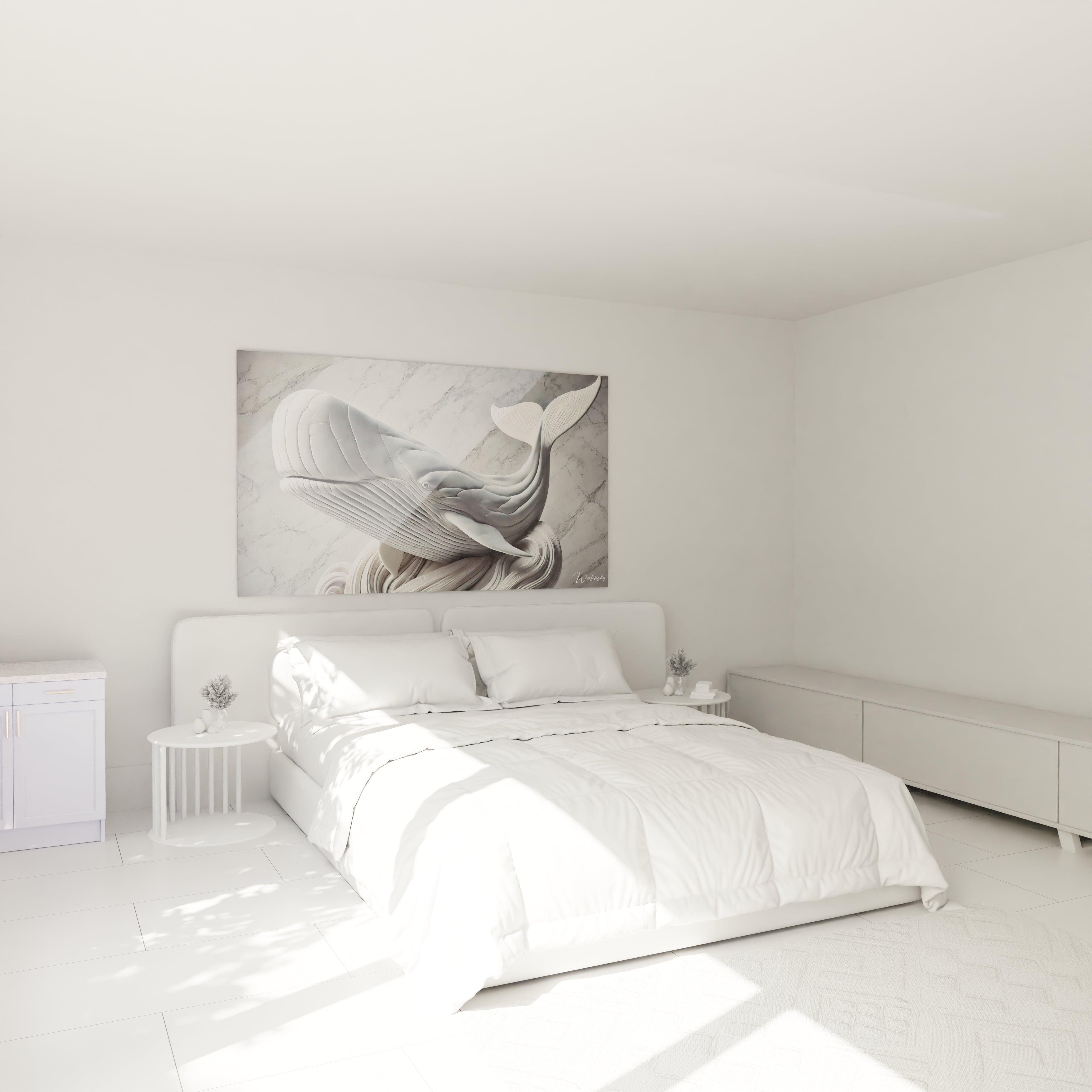 tableau cachalot au dessus d un lit, il apporte calme et serenite grace a ses nuances de gris et blanc. Ideal pour une chambre minimaliste, il capte l attention par son elegance intemporelle.

