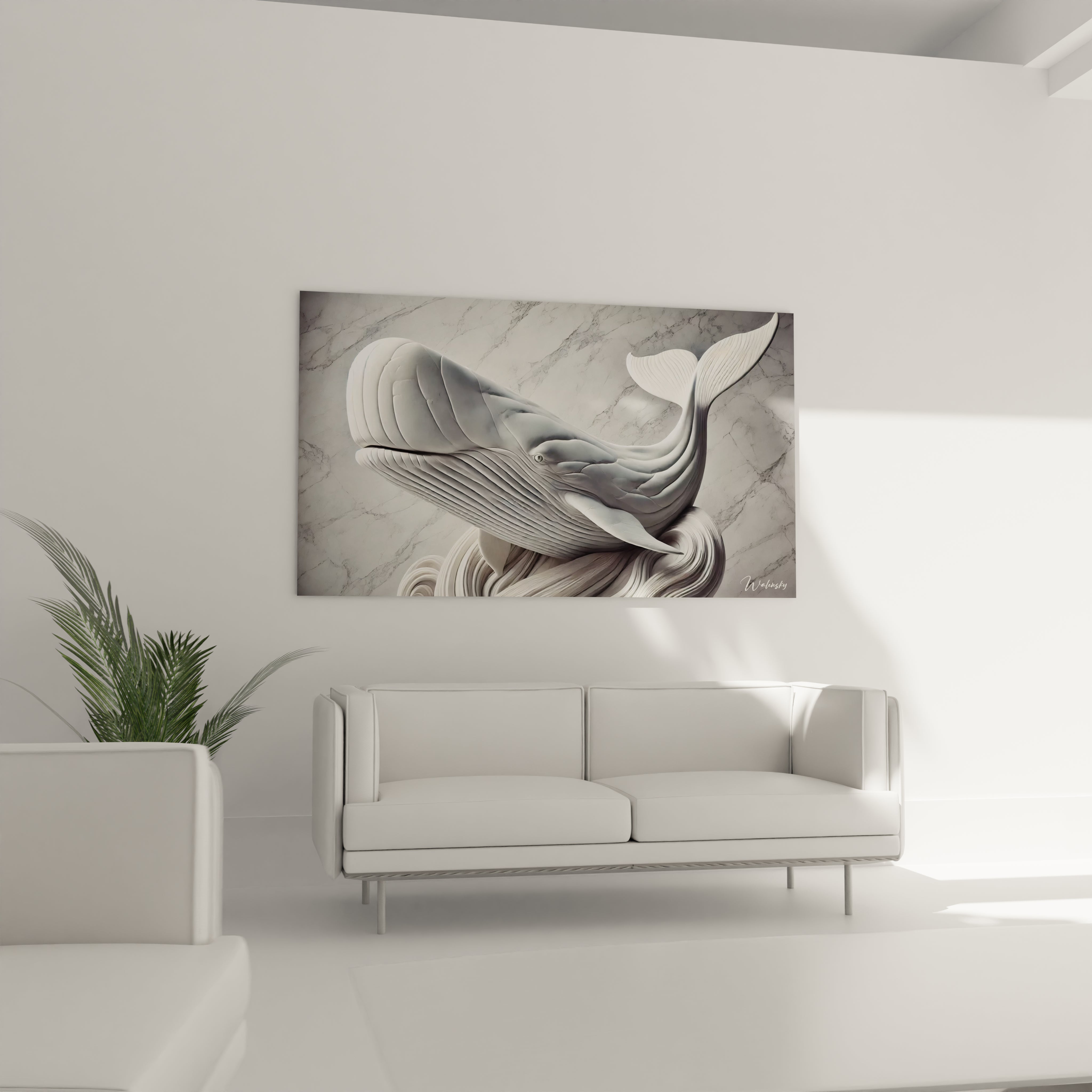 tableau cachalot au dessus d un canape dans un salon, il se fond harmonieusement dans un interieur moderne. Ce tableau elegant combine textures marbrees et lignes fluides pour une ambiance apaisante.

