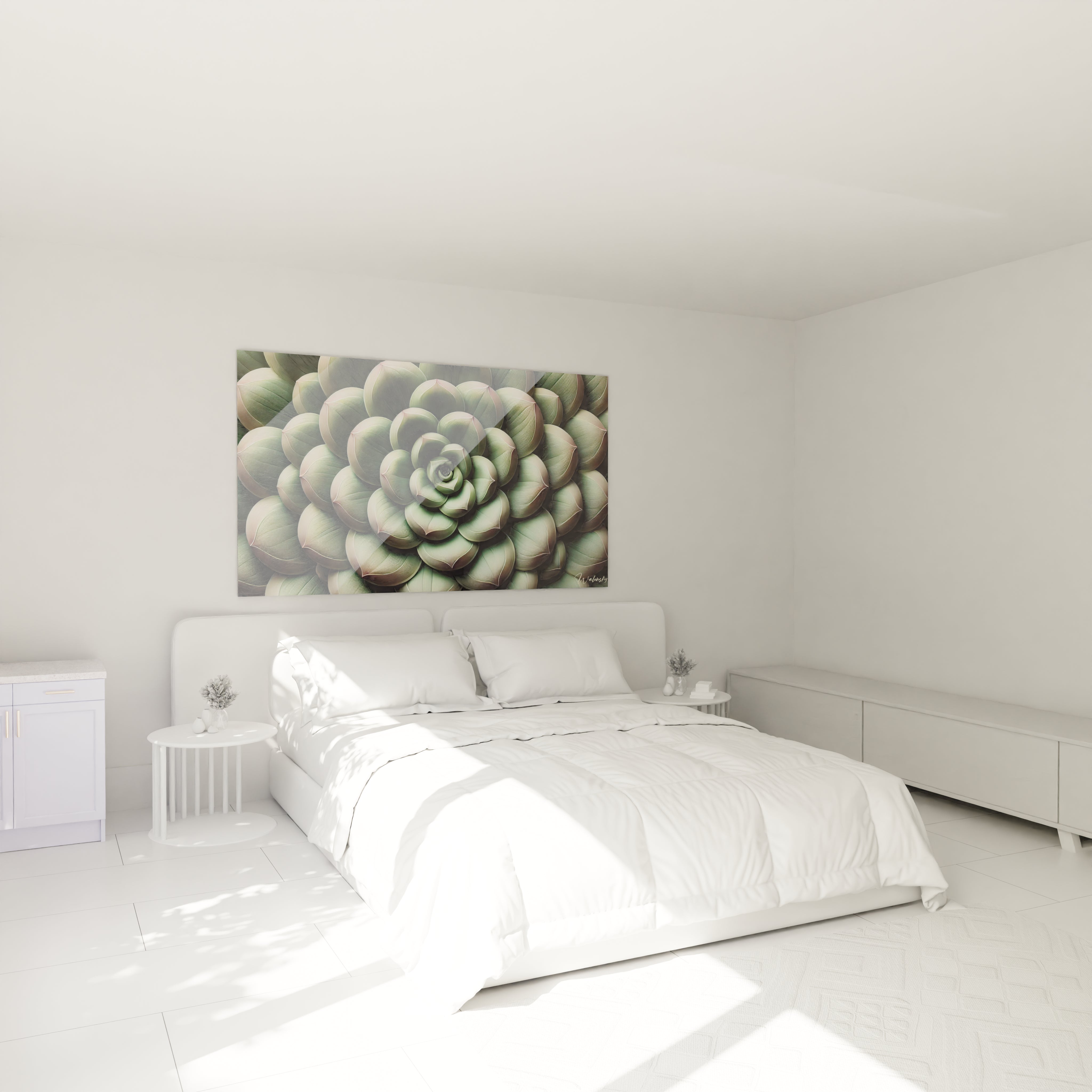 tableau cactus accroche au mur dans une chambre harmonie de nuances vertes et roses ideal pour un espace reposant et inspire par la serenite de la nature ambiance contemporaine garantie

