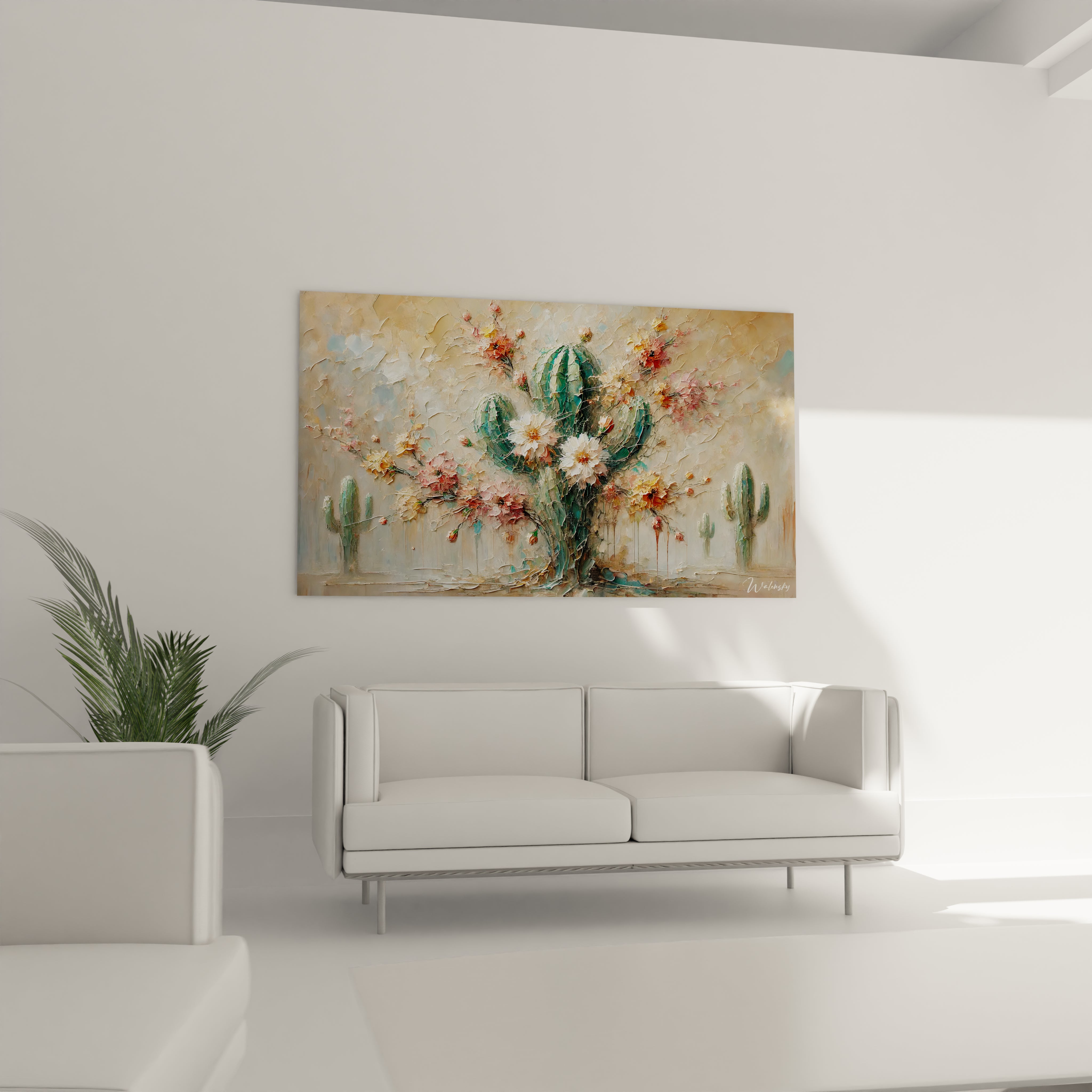 Tableau cactus en decoration de salon au dessus du canape Son design artistique et ses fleurs eclatantes creent un point focal naturel et sophistique pour le sejour

