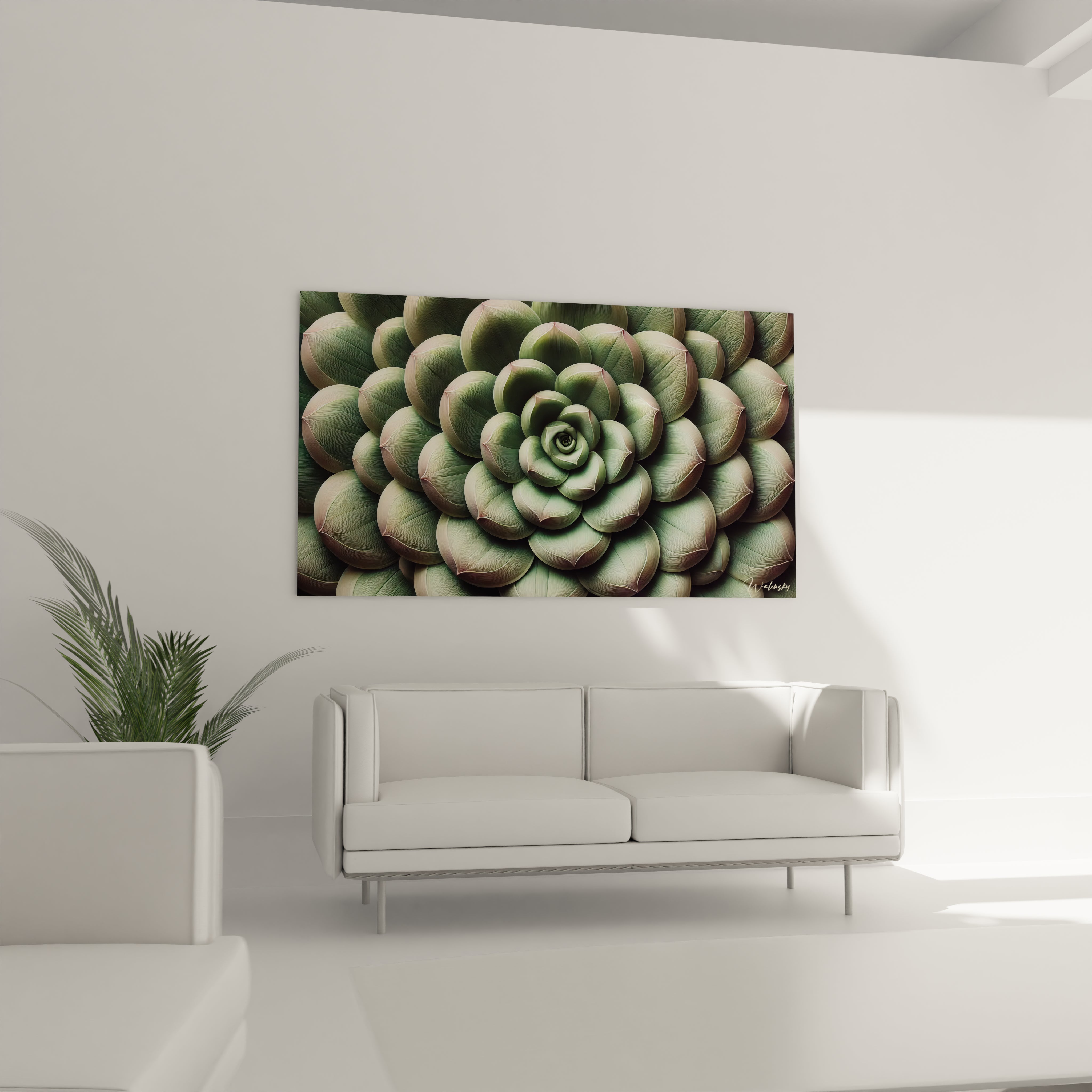 tableau cactus dans un salon au dessus du canape design captivant et couleurs douces en nuances de vert rose et gris apportent une touche naturelle et elegante a votre interieur

