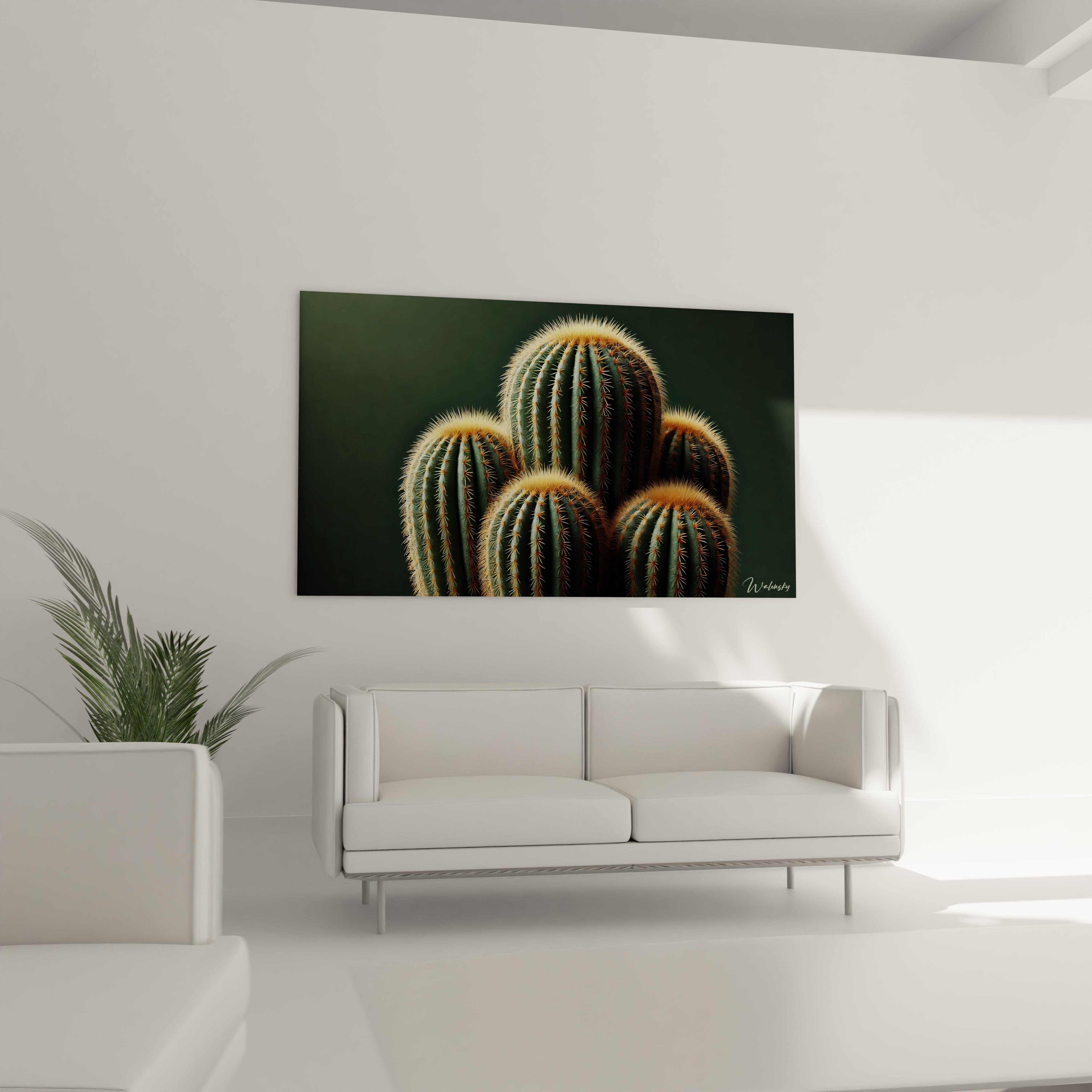 tableau Cactus au dessus d un canape dans un salon moderne evoque mystere et serenite ses couleurs chaudes et contrastes creent un point de mire ideal pour un espace contemporain

