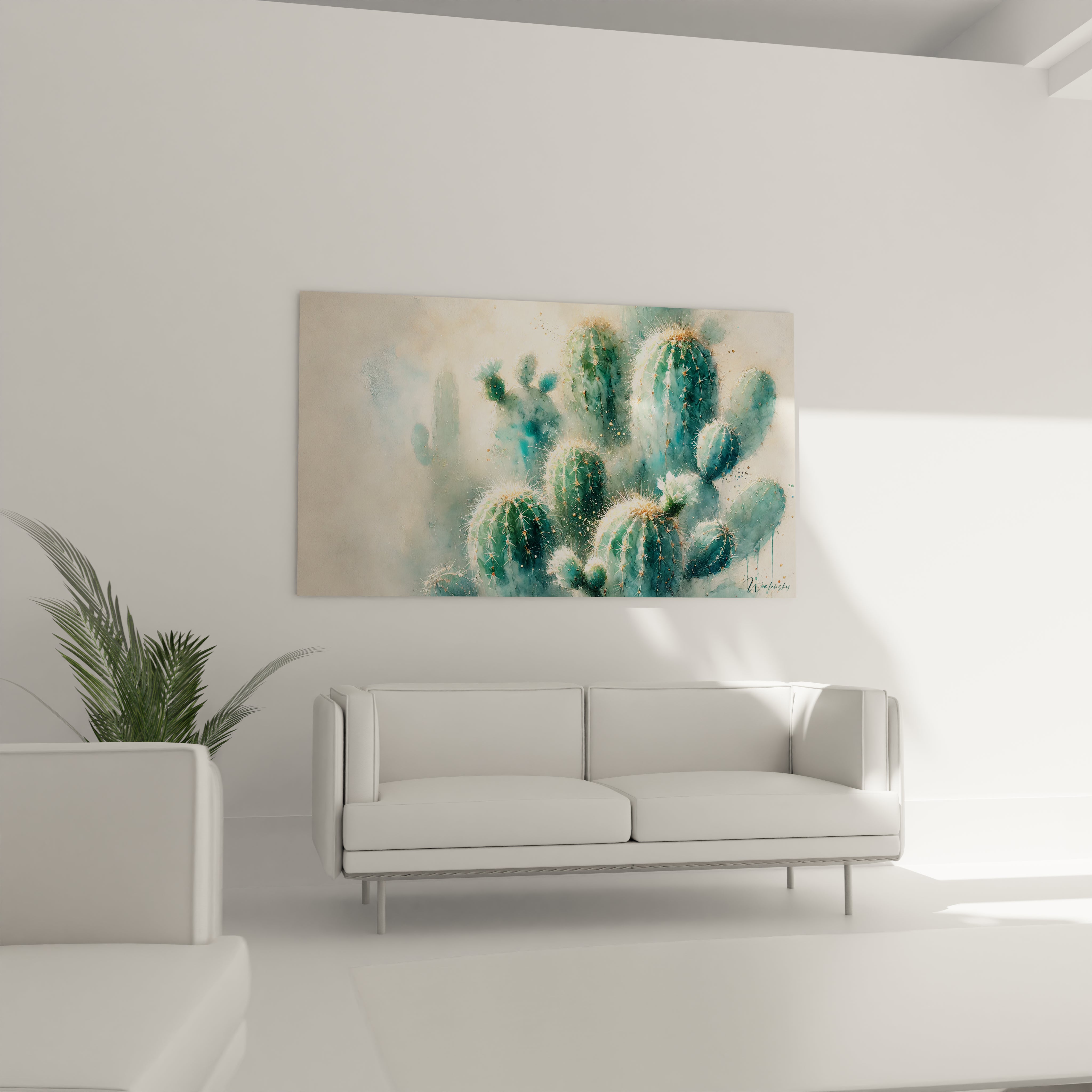 Tableau Cactus dans un salon au-dessus du canapé, attirant le regard par son équilibre entre nature et abstraction. Les tons doux apportent une touche méditative et élégante à votre décoration.

